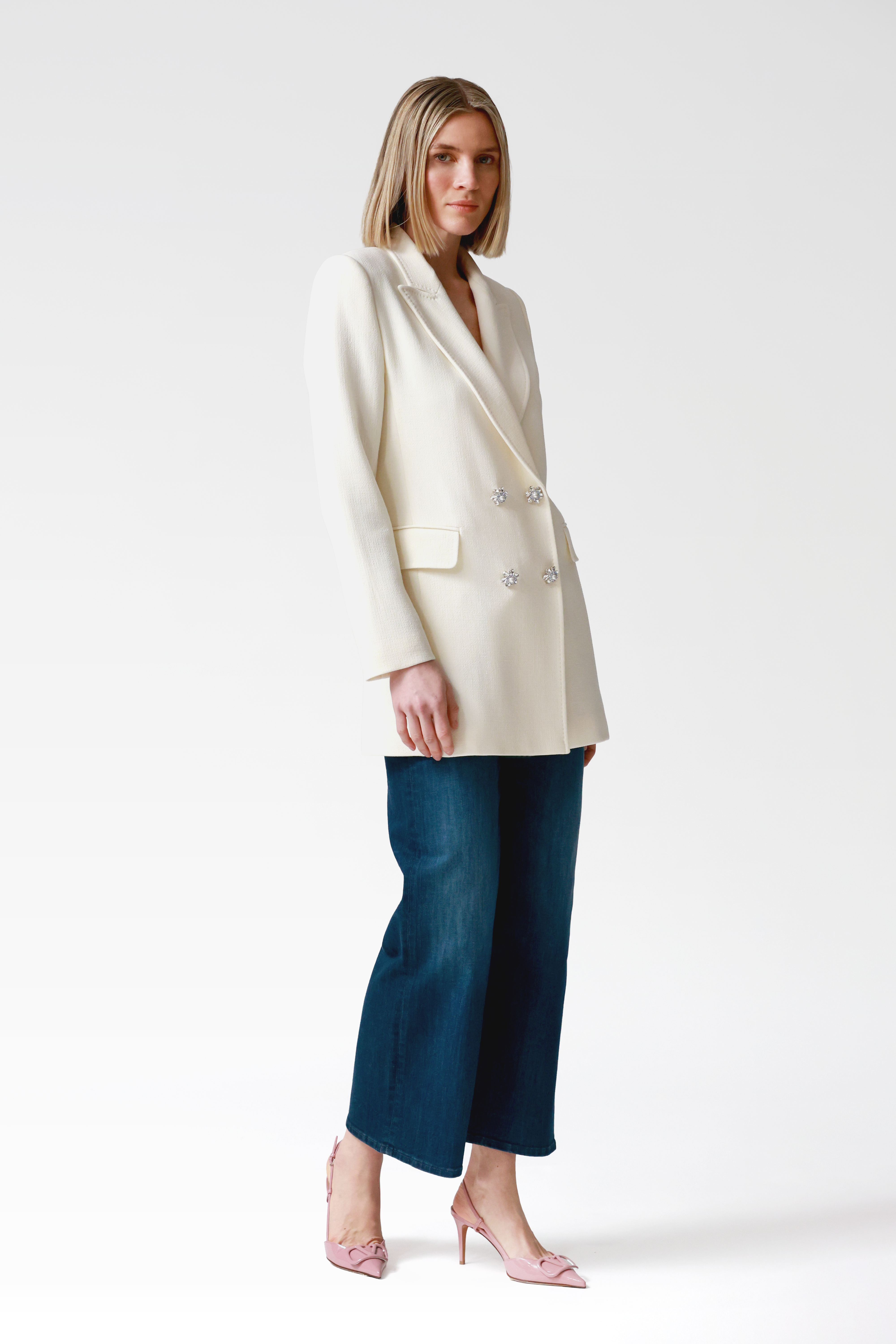 Ada Double-Breasted Longline Blazer in Ivory