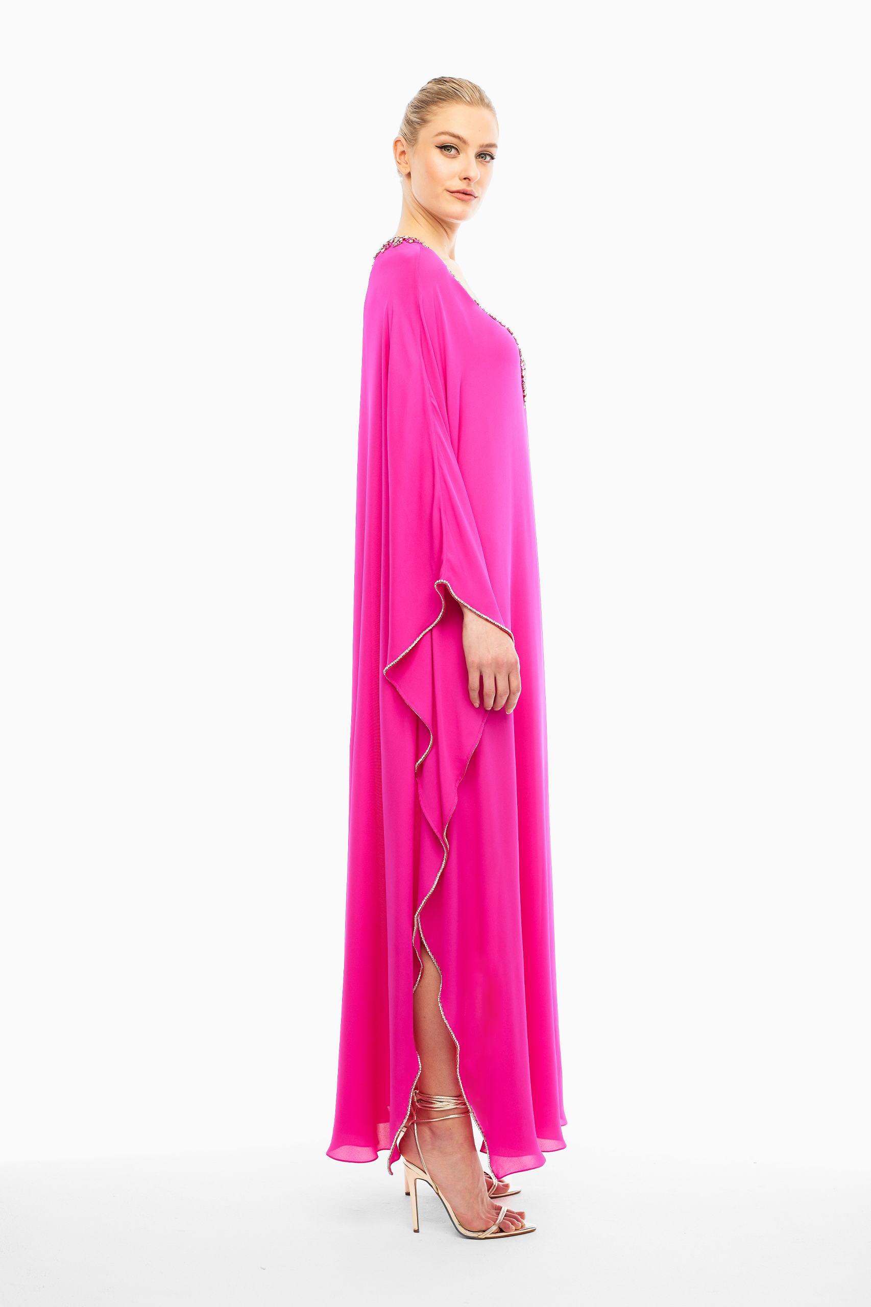 Alma Silk Embellished Kaftan in Pink