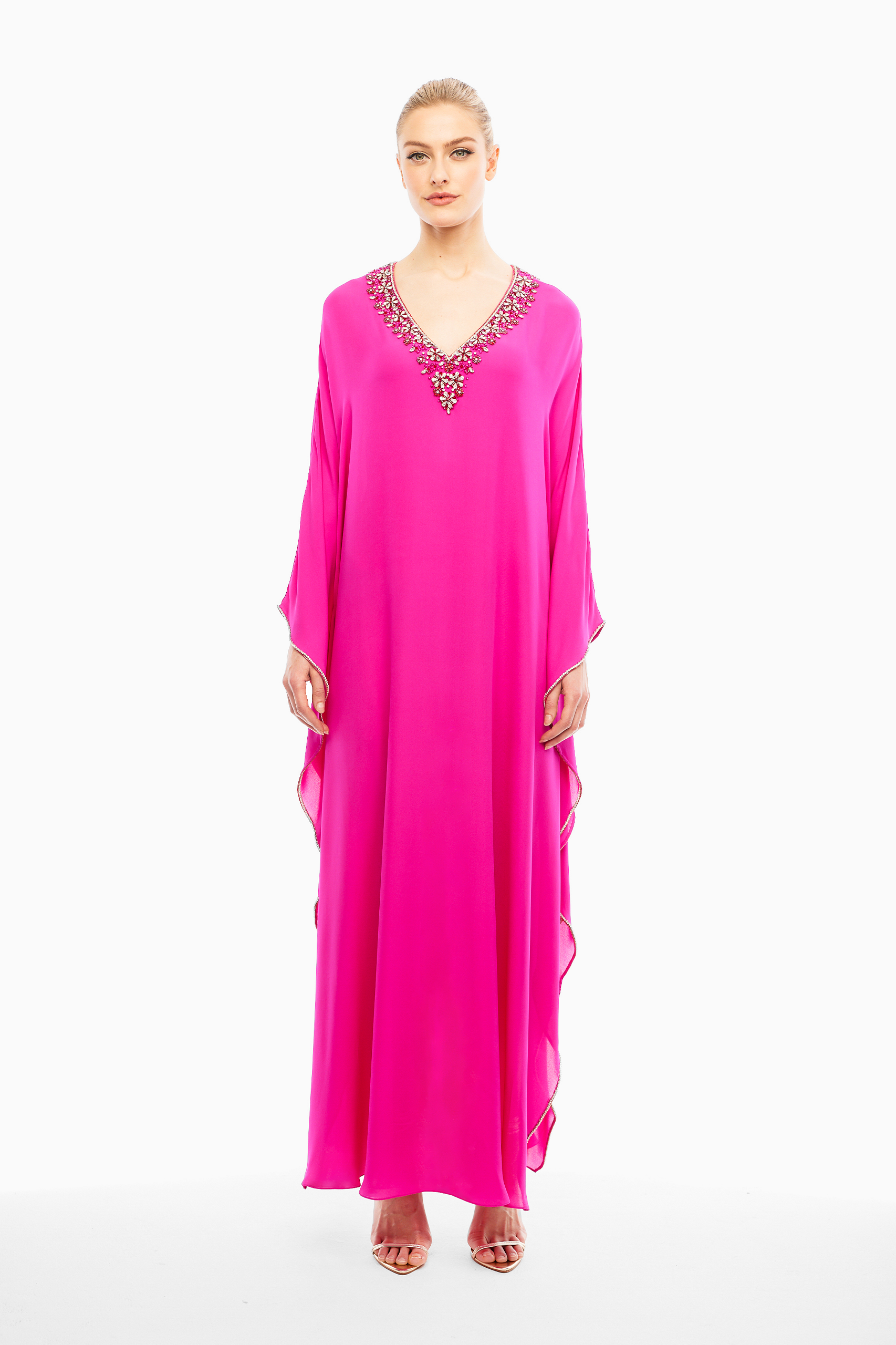Alma Silk Embellished Kaftan in Pink