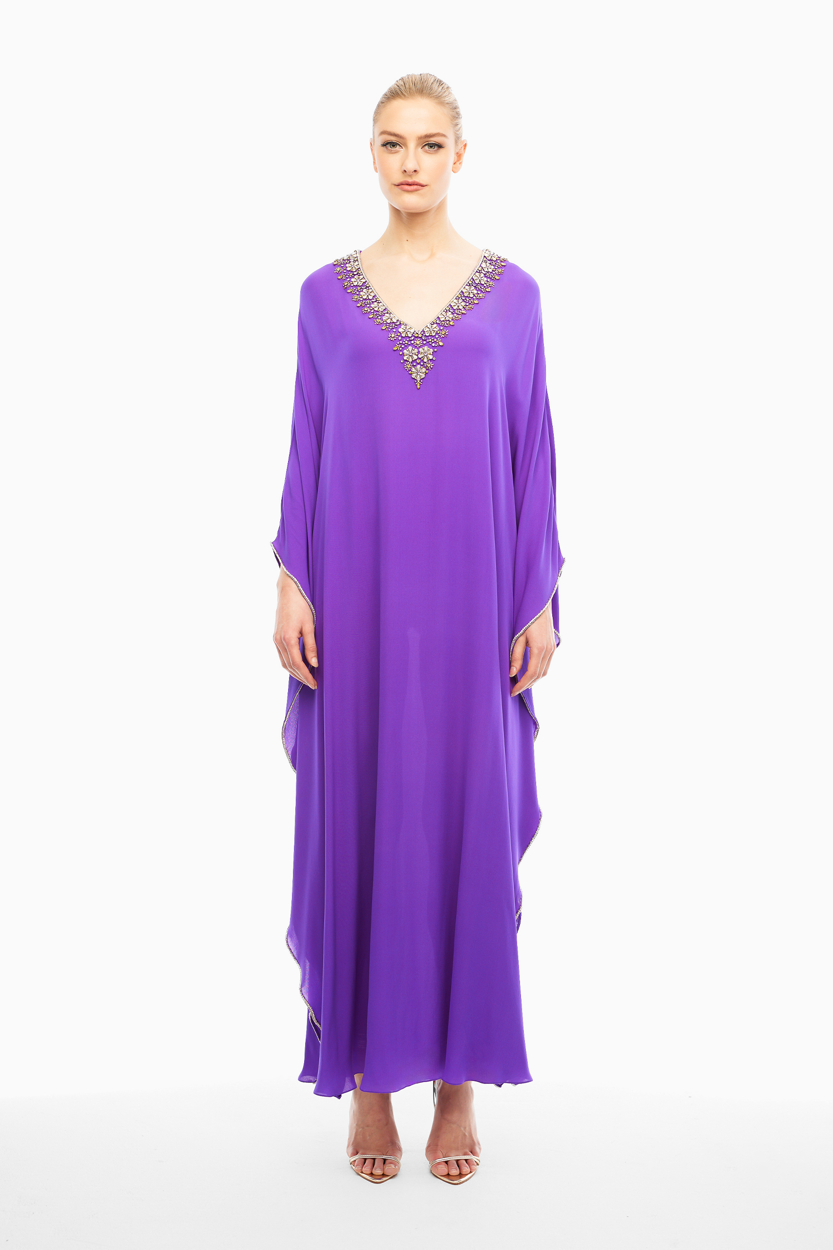 Alma Silk Embellished Kaftan in Purple