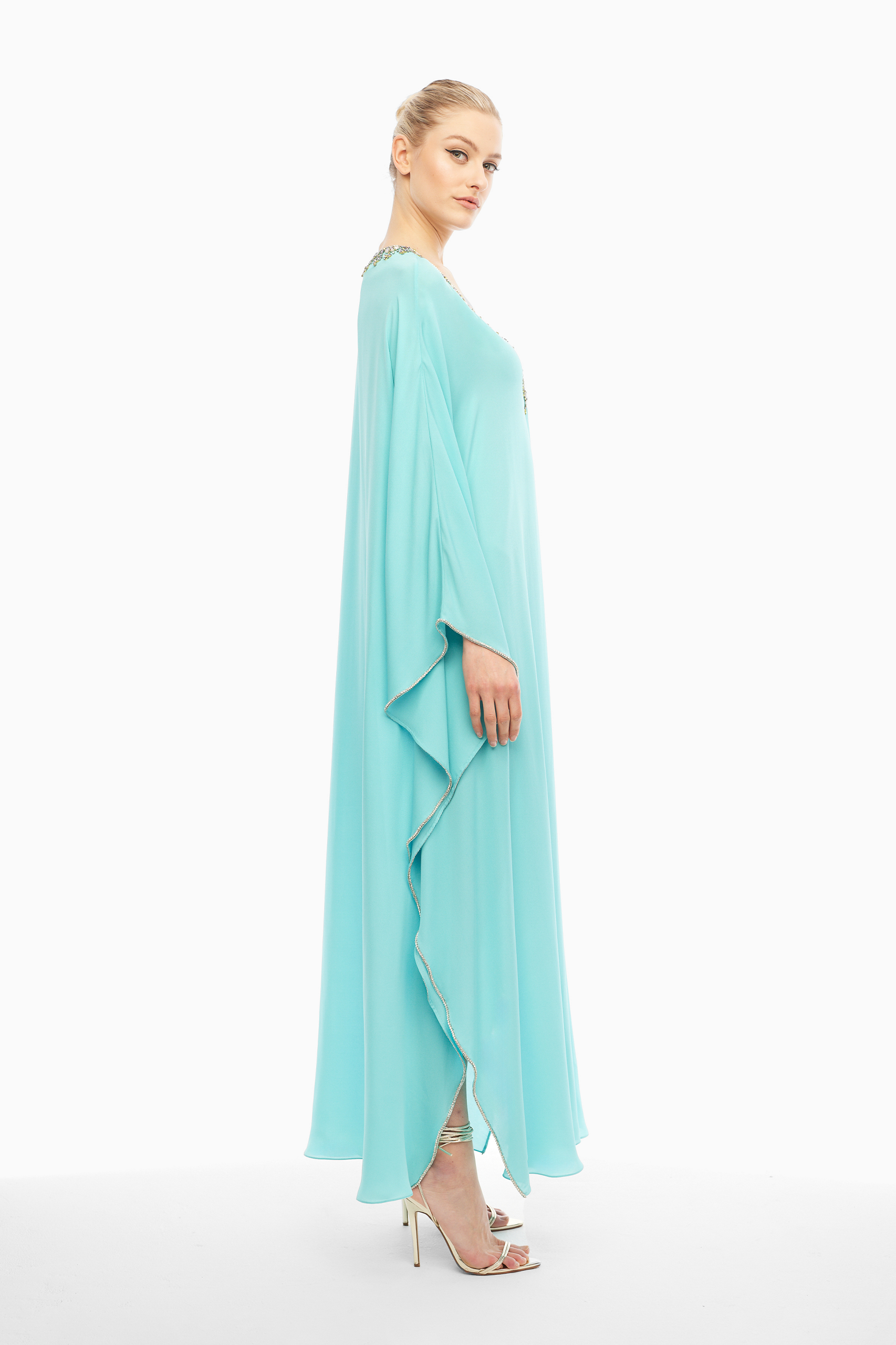 Alma Silk Embellished Kaftan in Turquoise