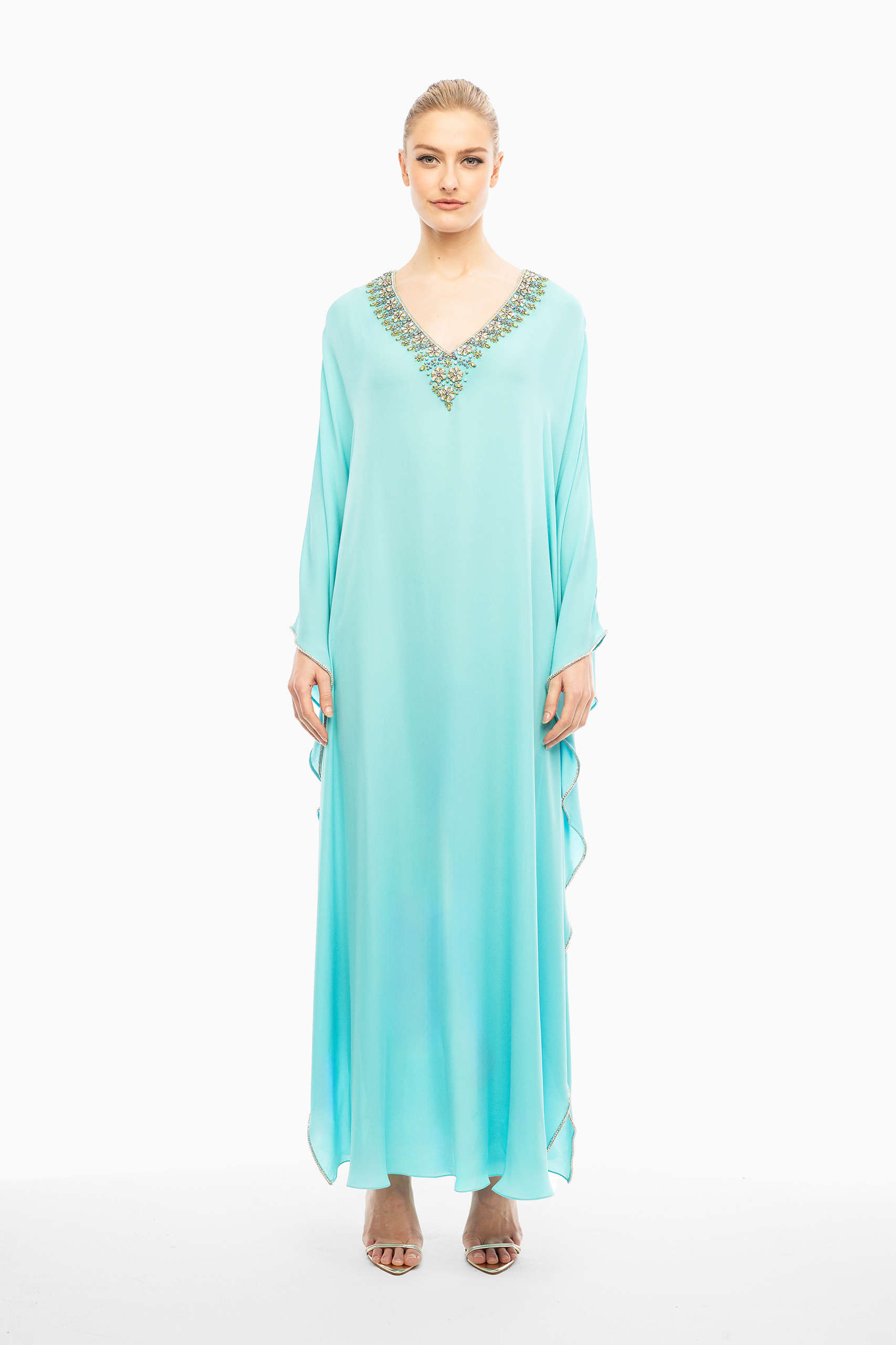 Alma Silk Embellished Kaftan in Turquoise