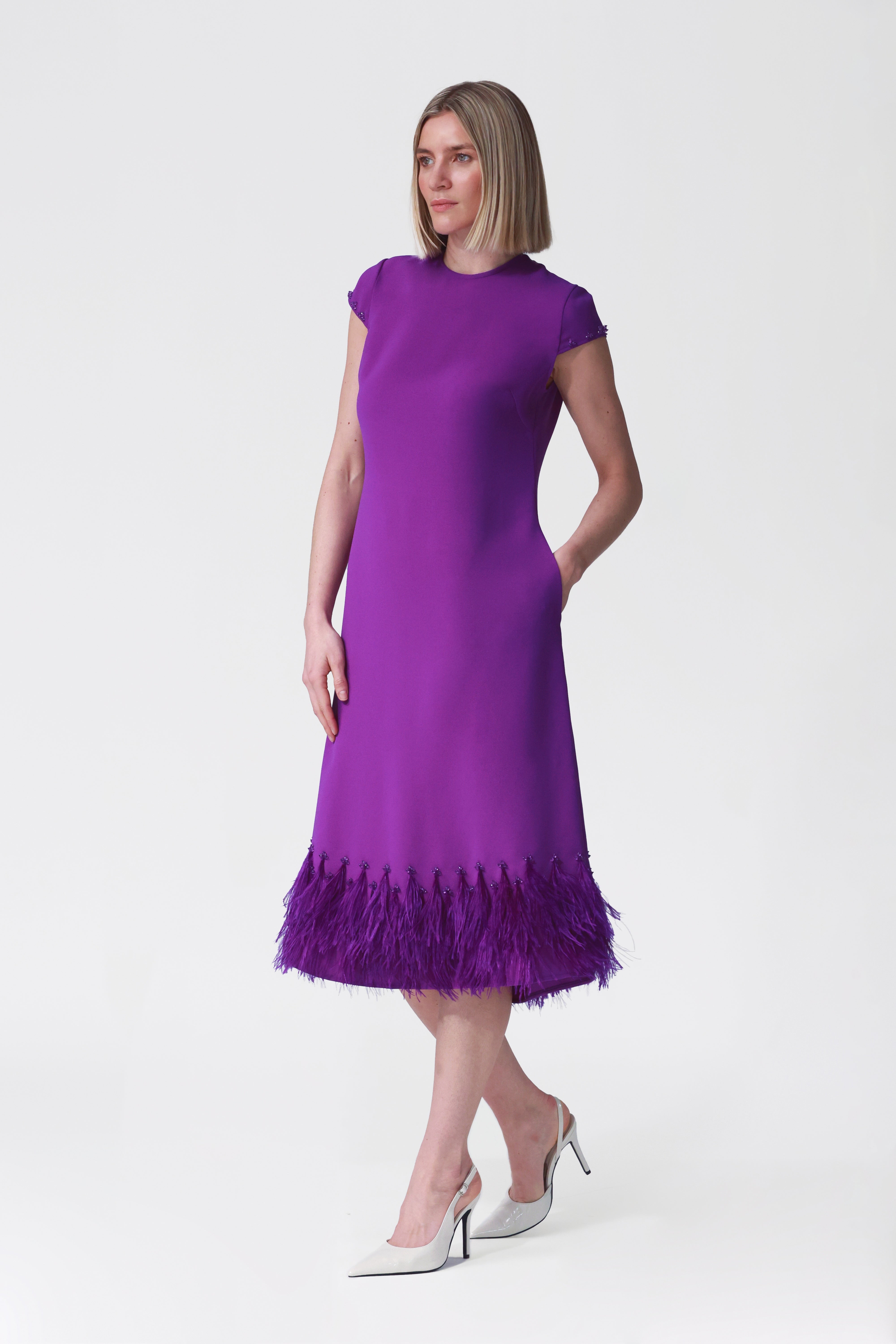 Athena Feather Hem A-line Dress in Purple