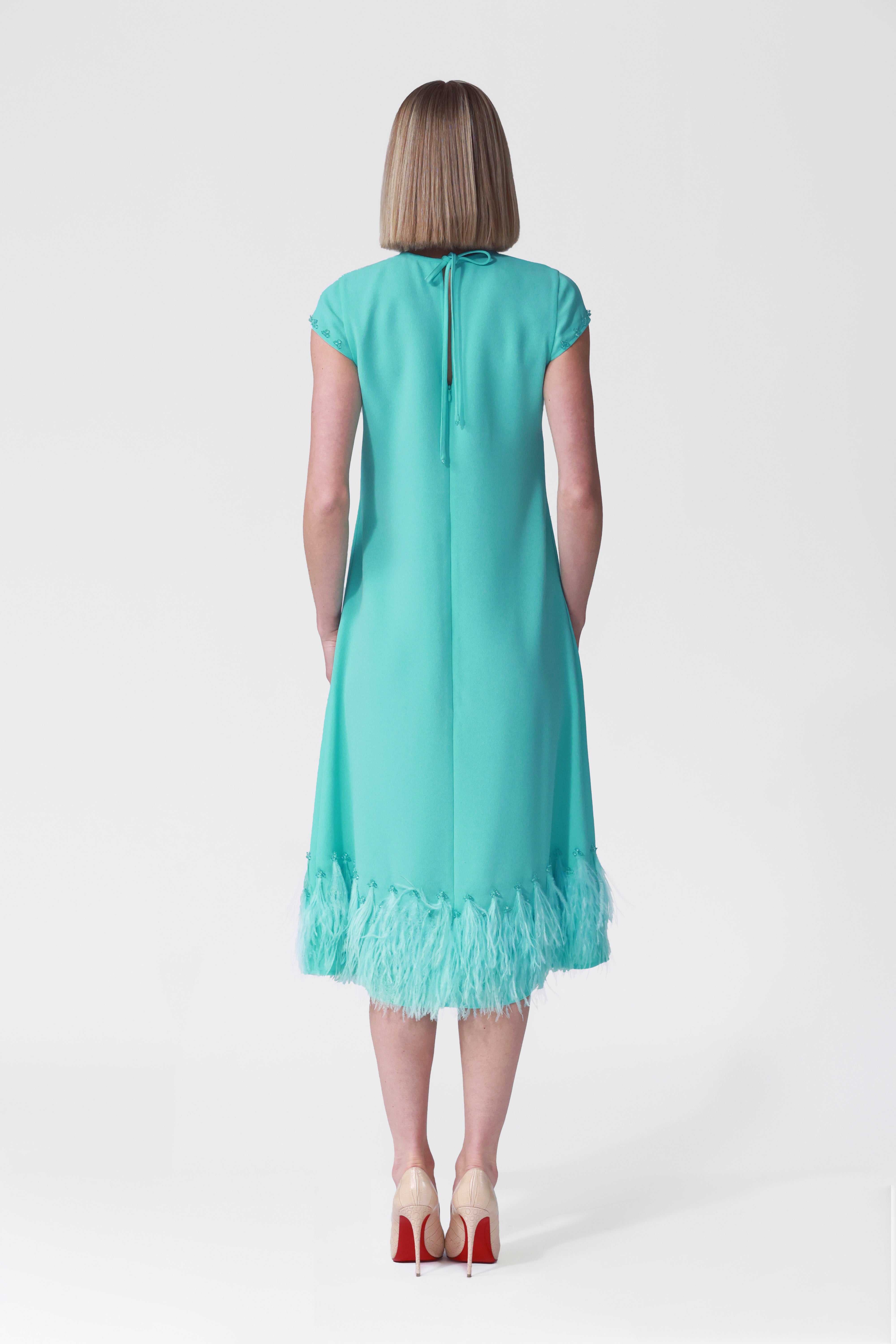 Athena Feather Hem A-line Dress in Turquoise