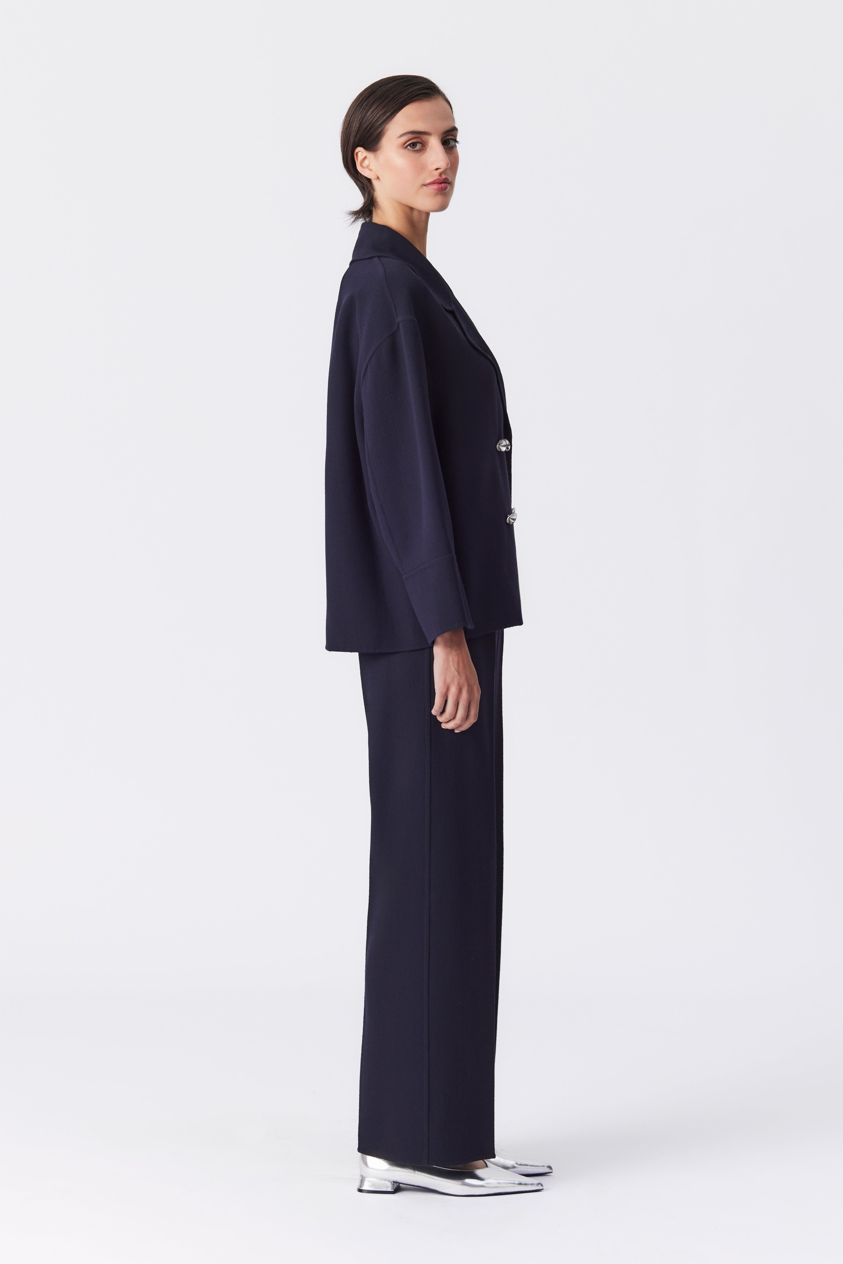 Mila Wool Wide-Leg Trousers in Navy