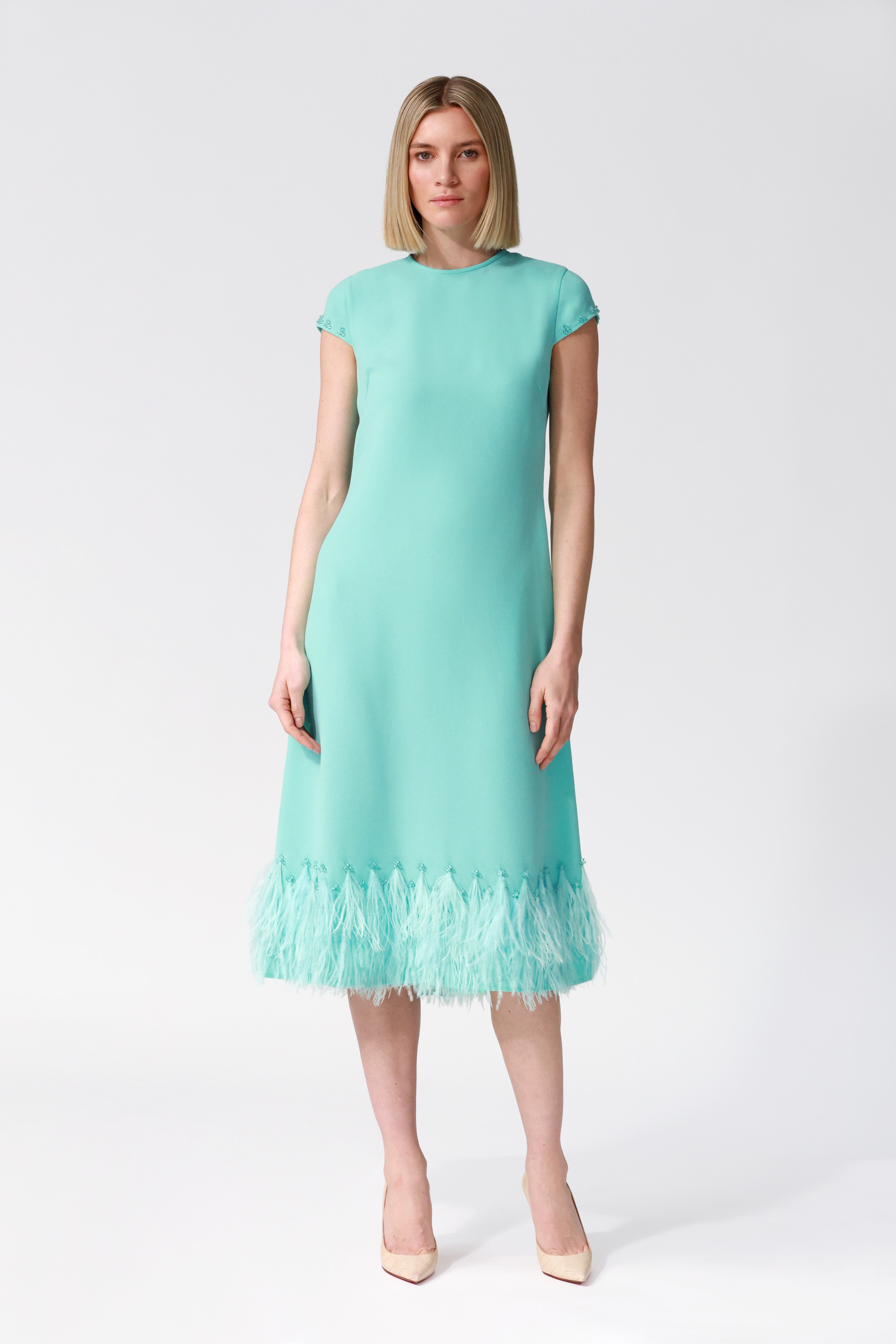 Athena Feather Hem A-line Dress in Turquoise