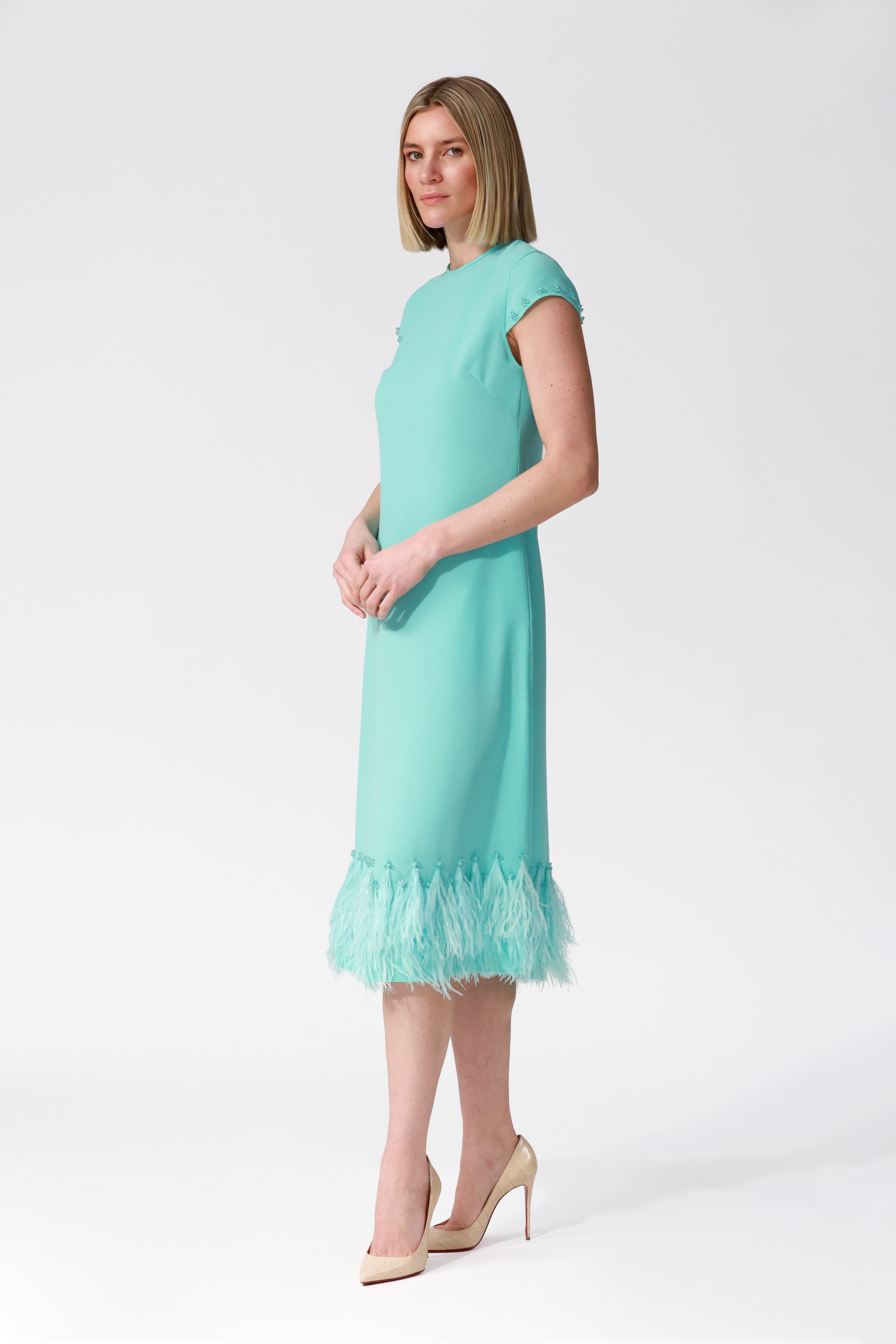 Athena Feather Hem A-line Dress in Turquoise