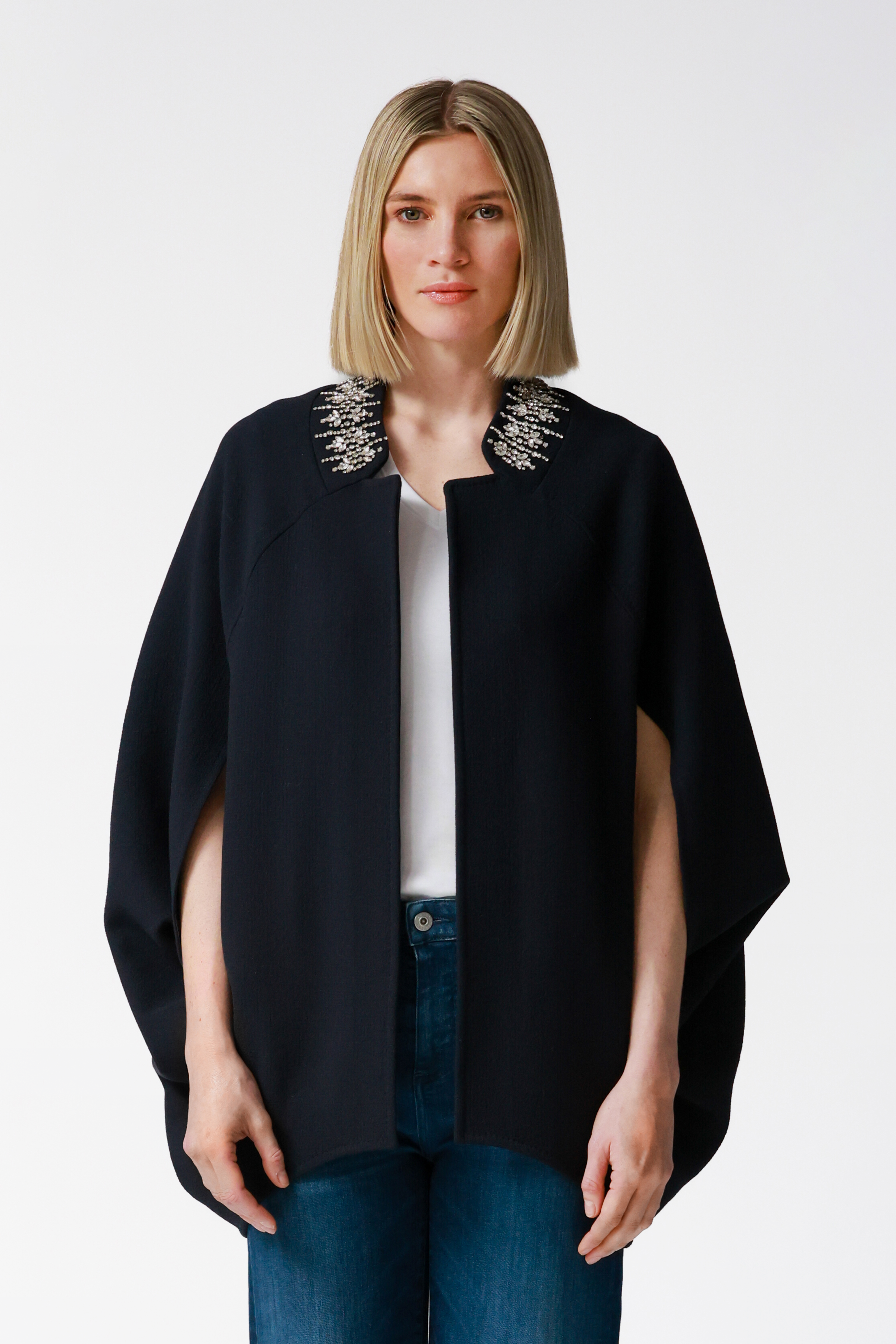 Bria Navy Wool Cape with Embellished Collar