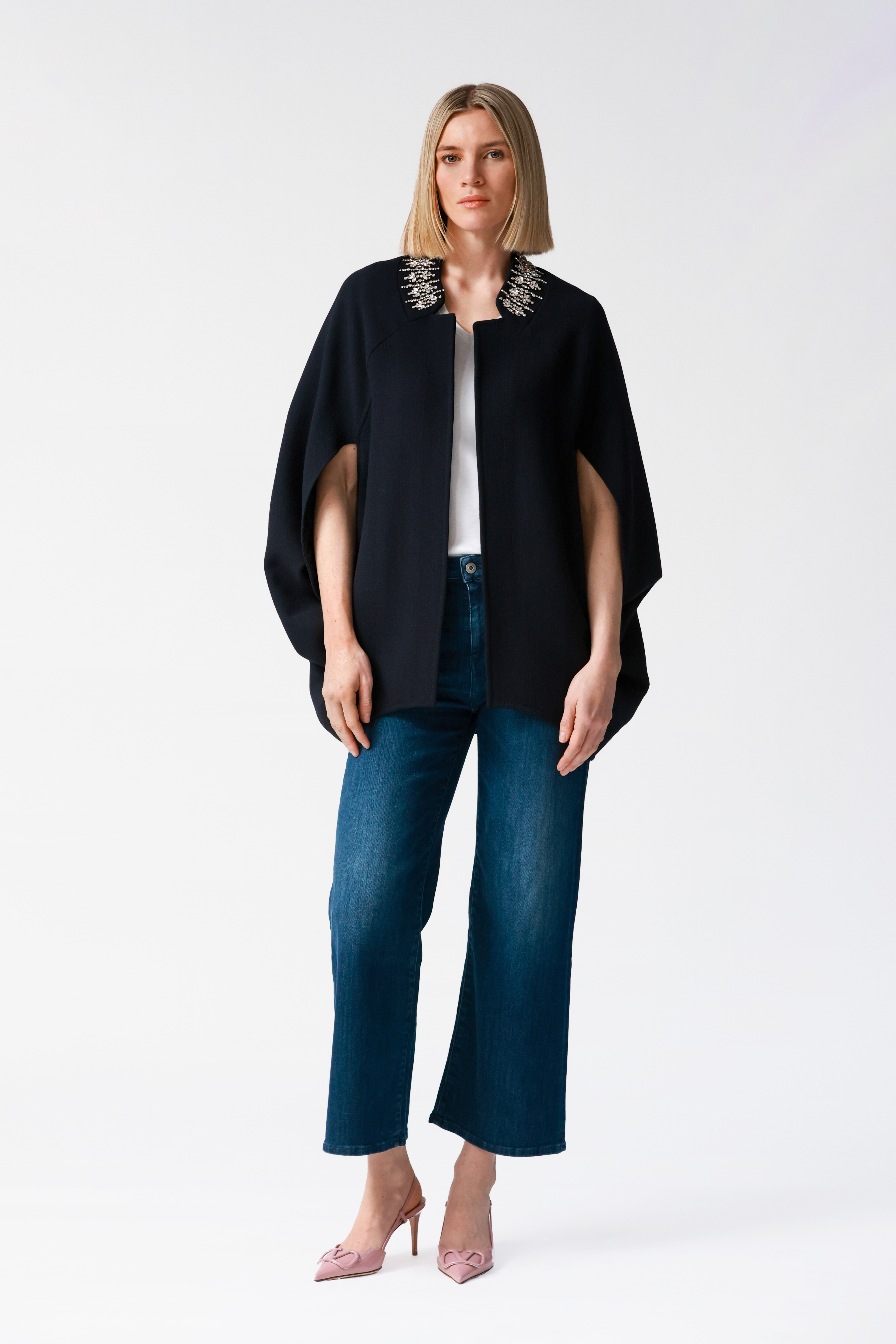 Bria Navy Wool Cape with Embellished Collar