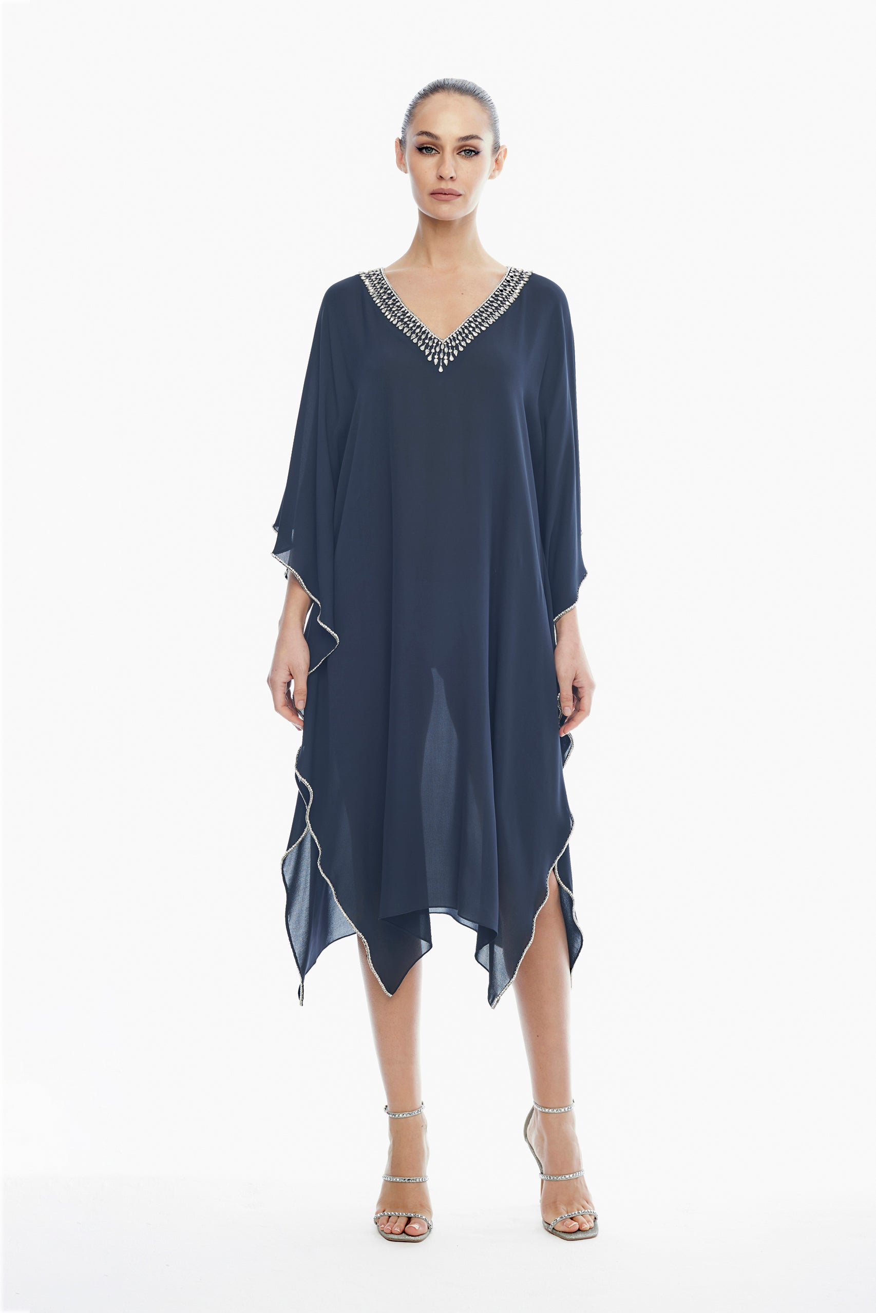 Emily Silk V-Neck Kaftan in Navy