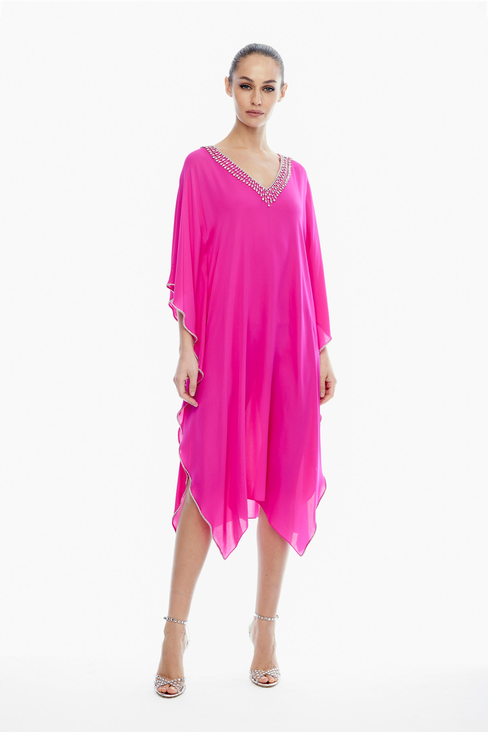 Emily Silk V-Neck Kaftan in Navy