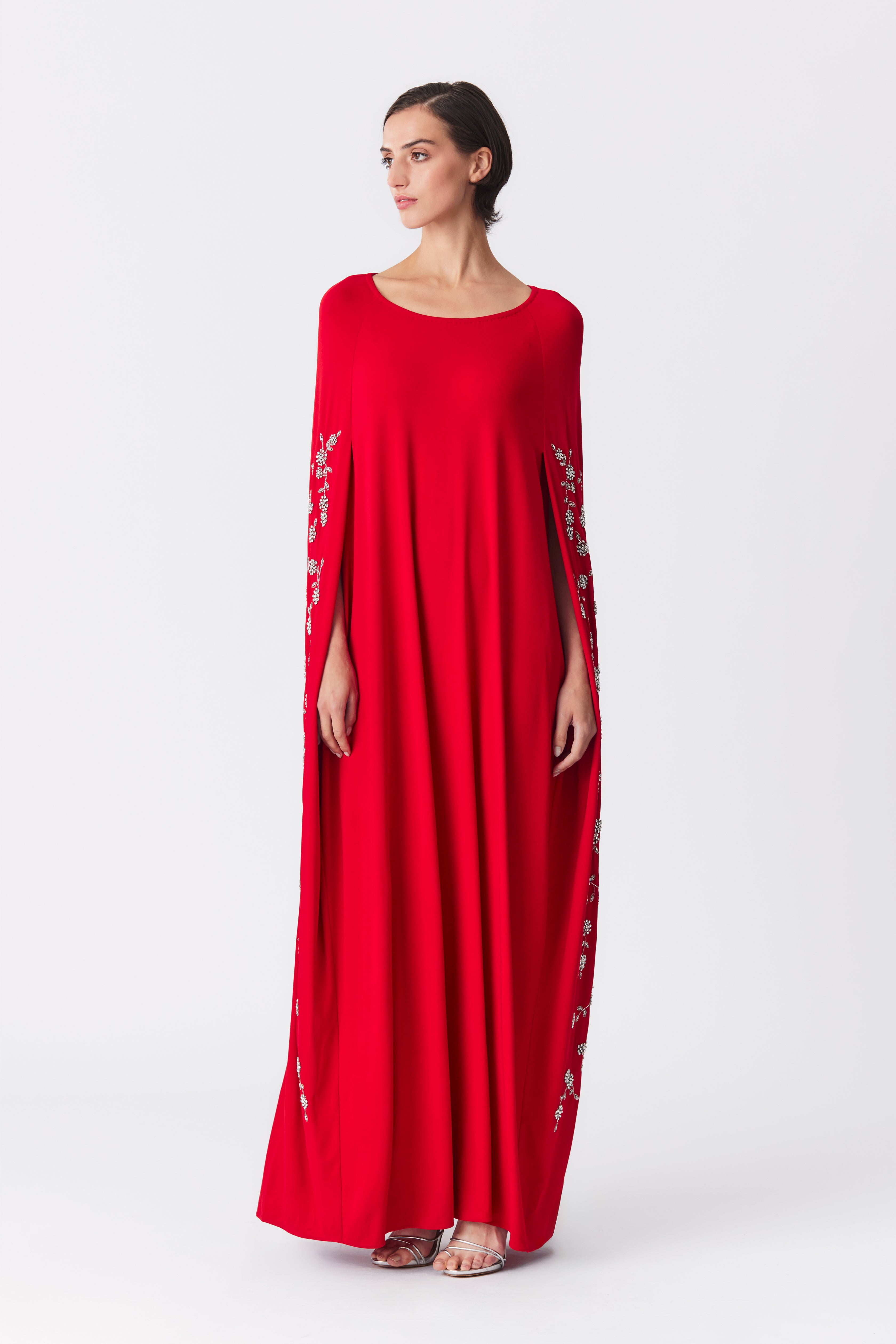 Gabby Beaded Cape Gown in Red