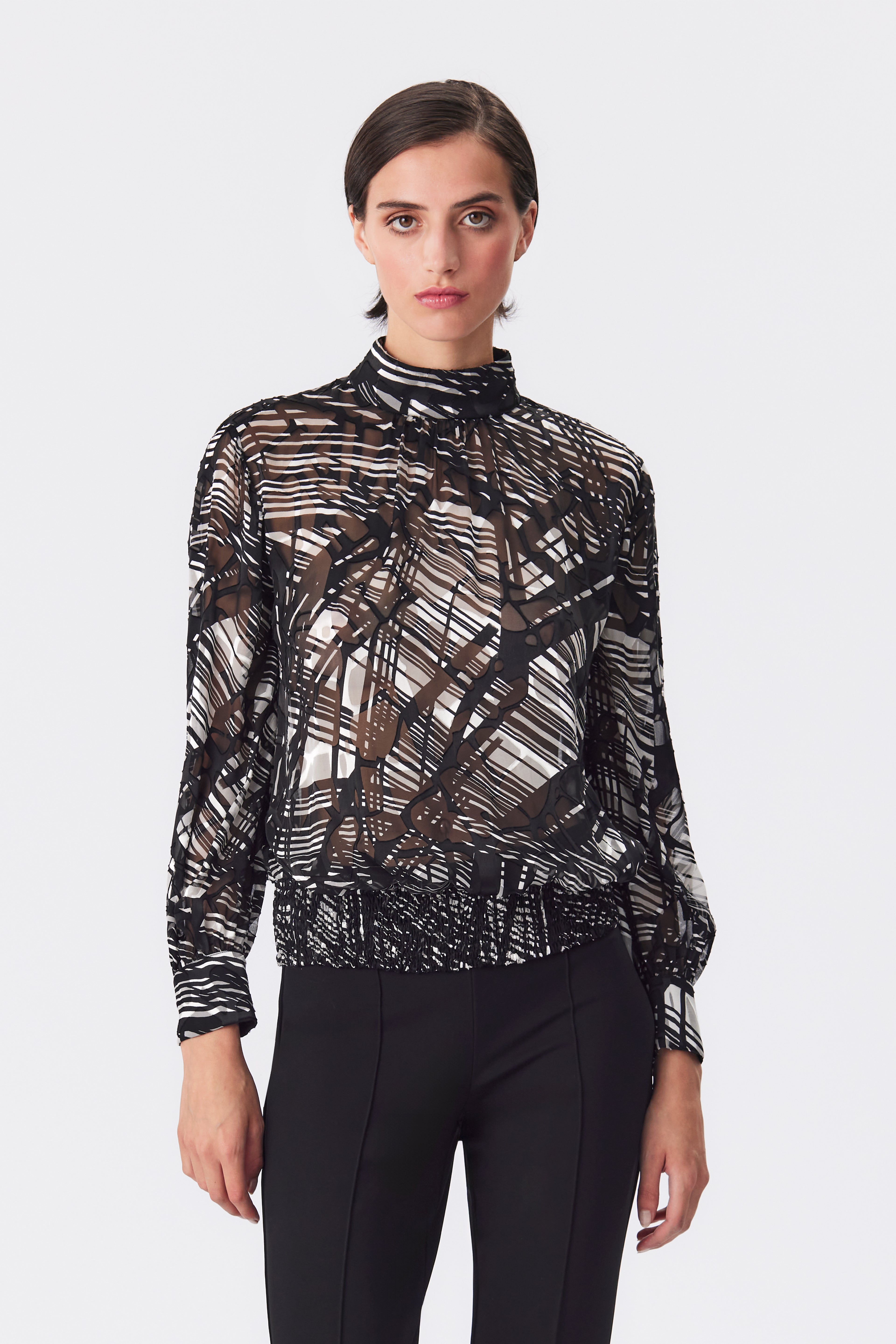 Gabriella Black and White Silk Devoré Blouse