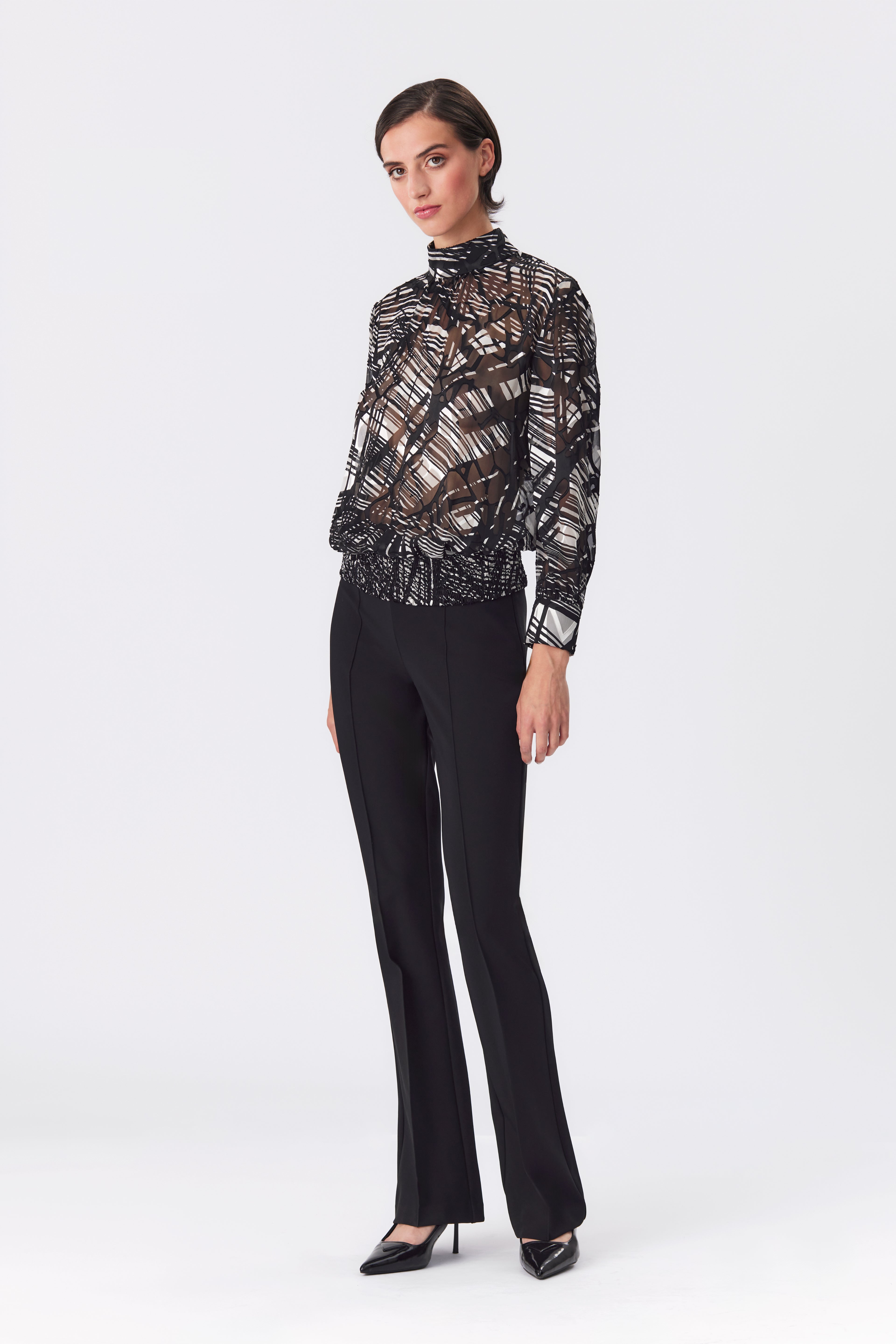 Gabriella Black and White Silk Devoré Blouse