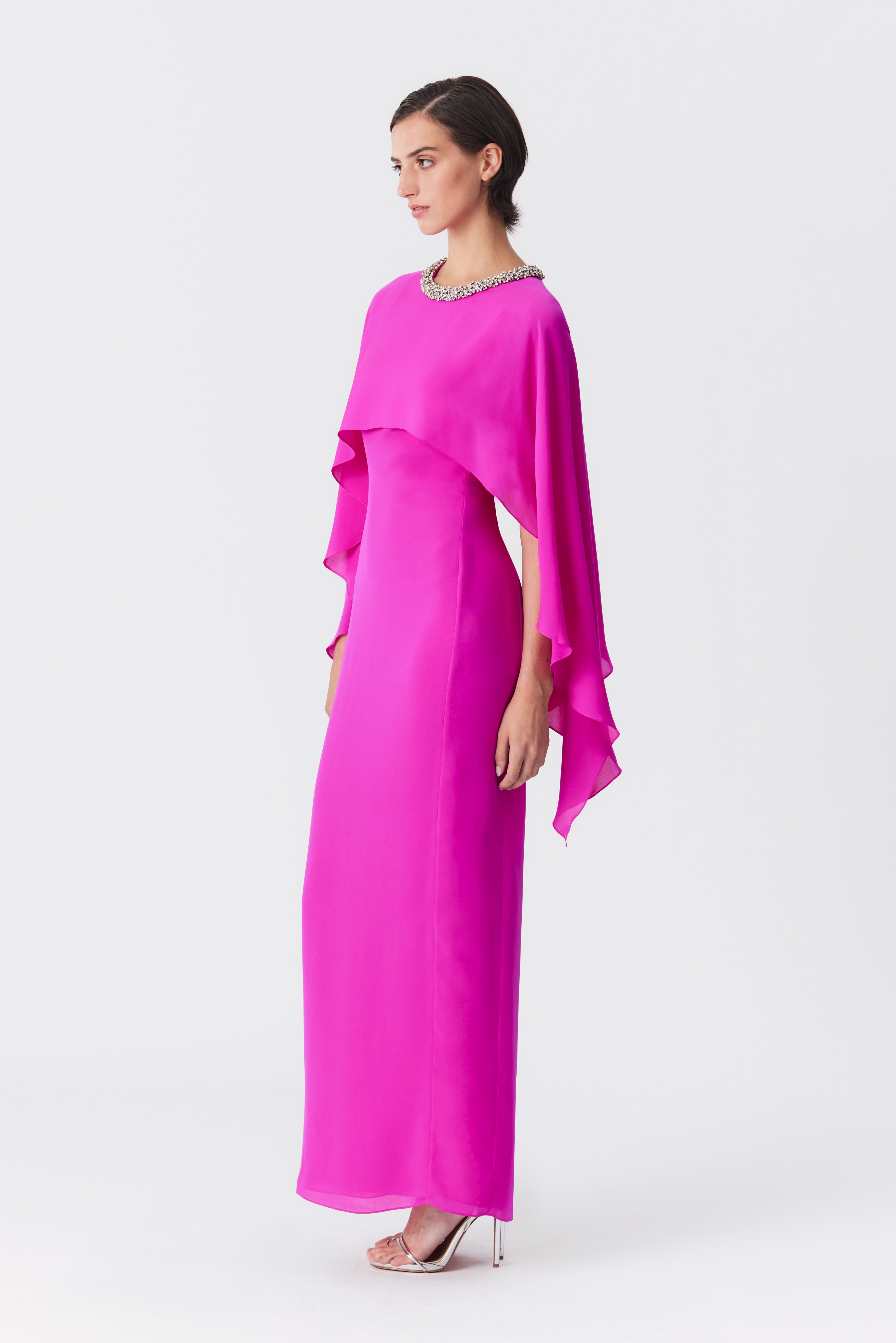 Gaia Silk Cape Gown in Fuchsia