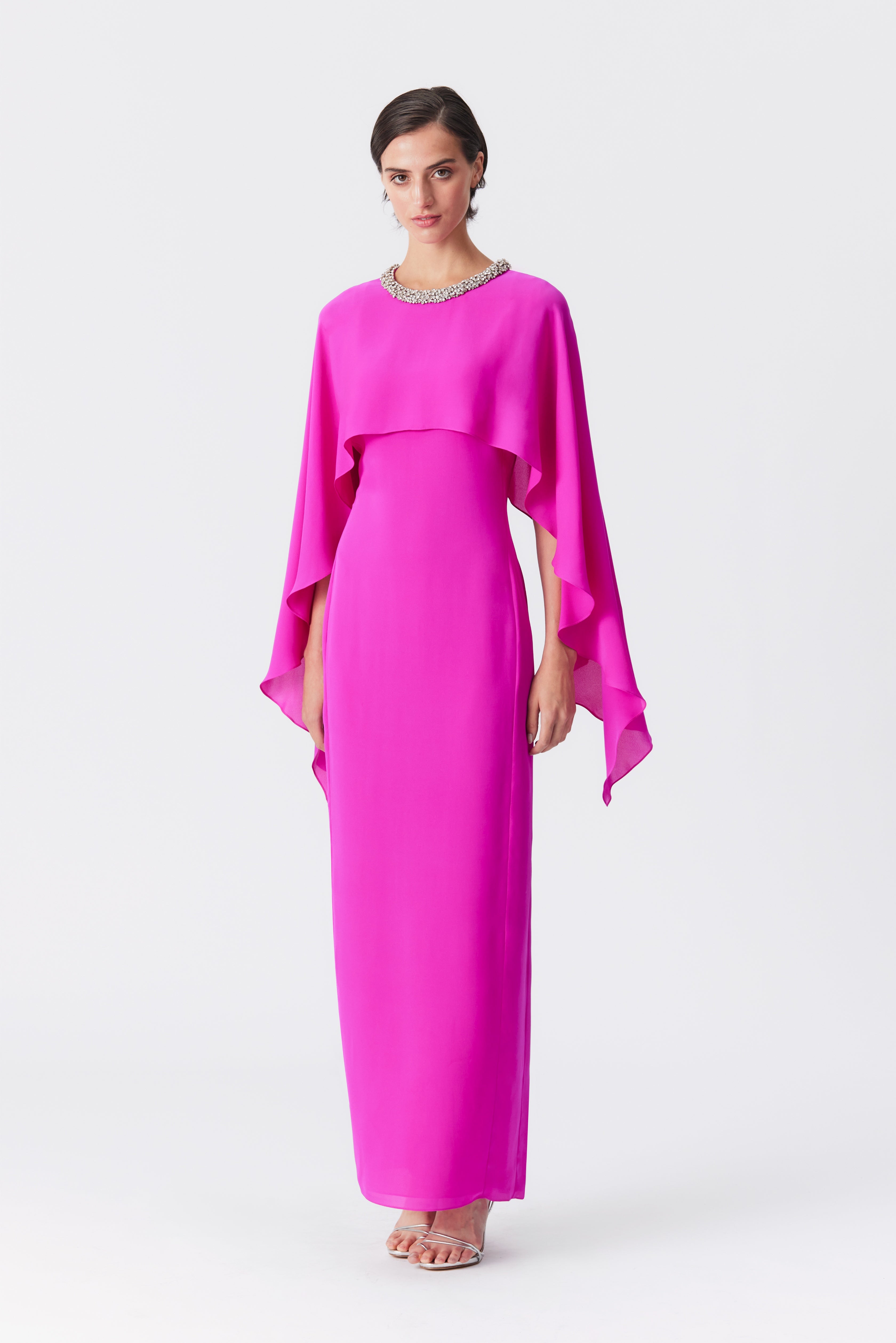 Gaia Silk Cape Gown in Fuchsia