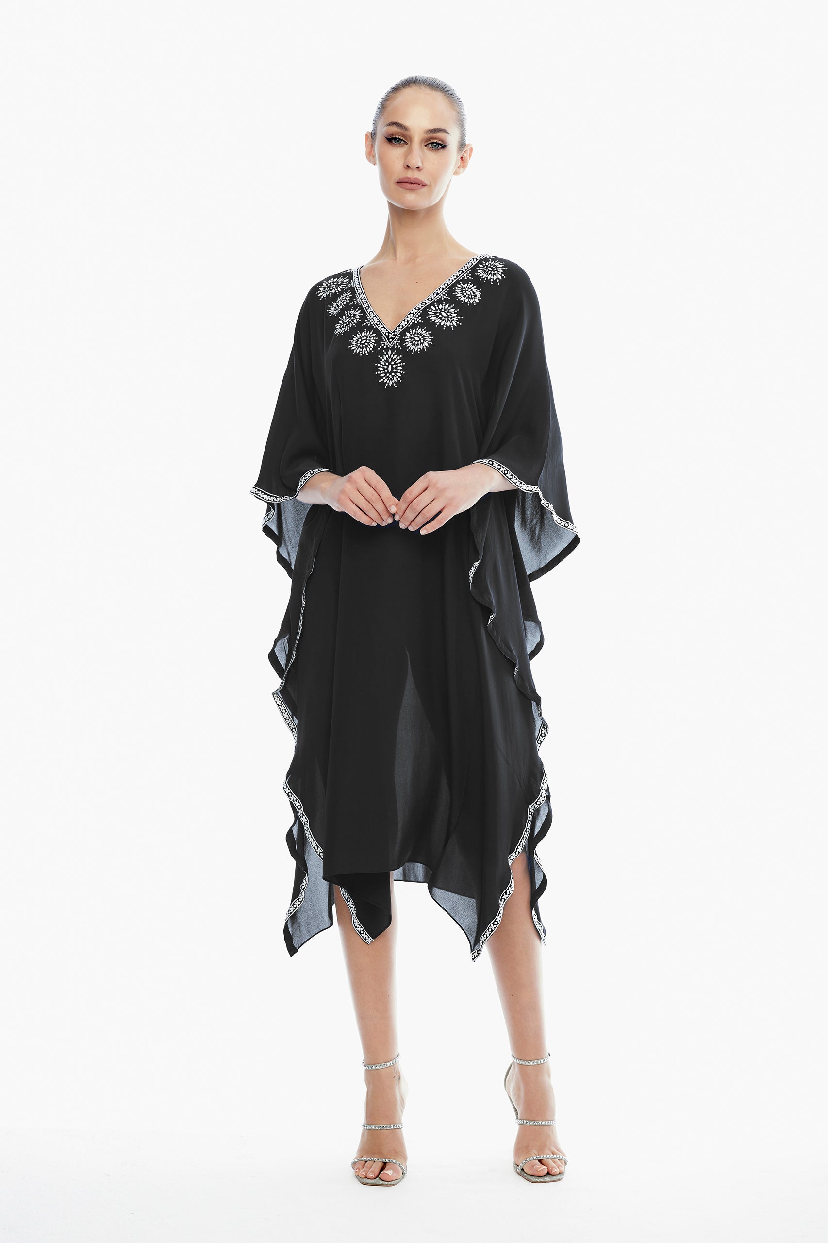 Giselle Silk Embroidered Kaftan in Black