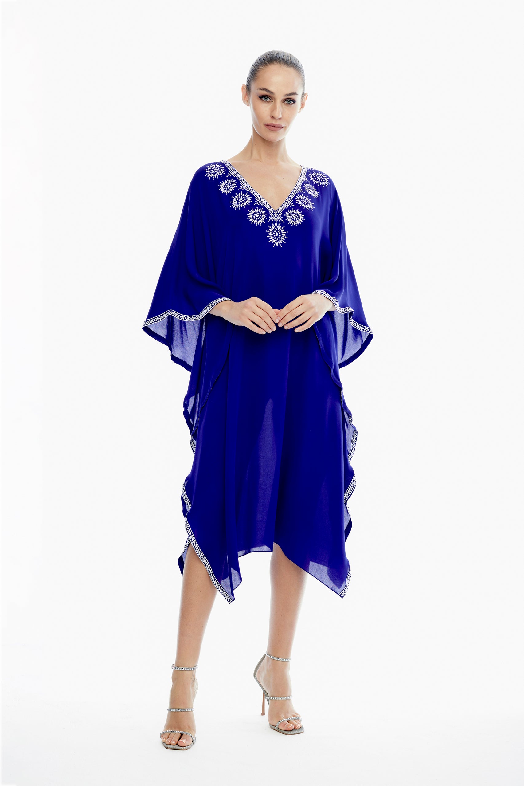Giselle Silk Embroidered Kaftan in Sapphire