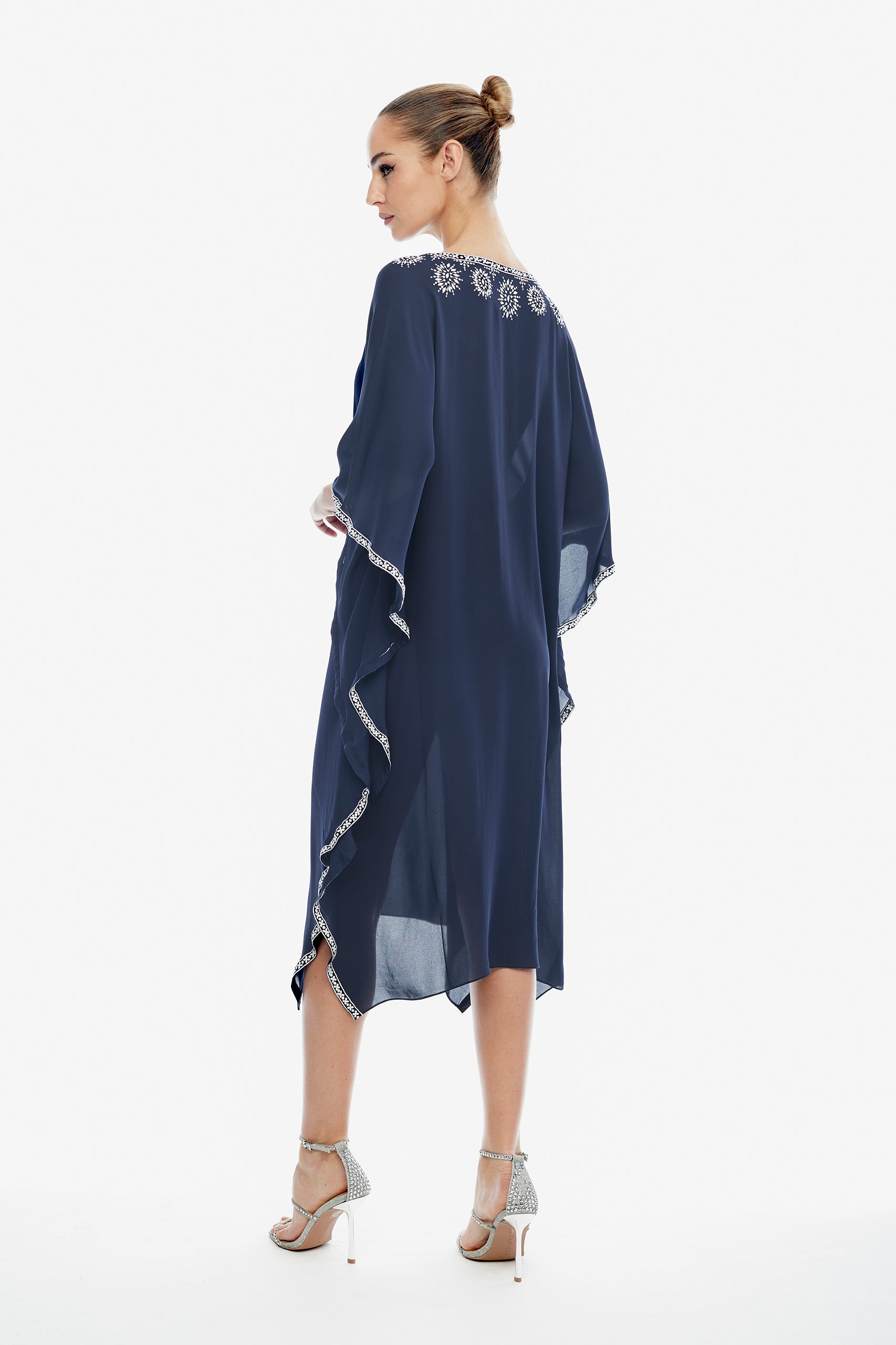 Giselle Silk Embroidered Kaftan in Navy