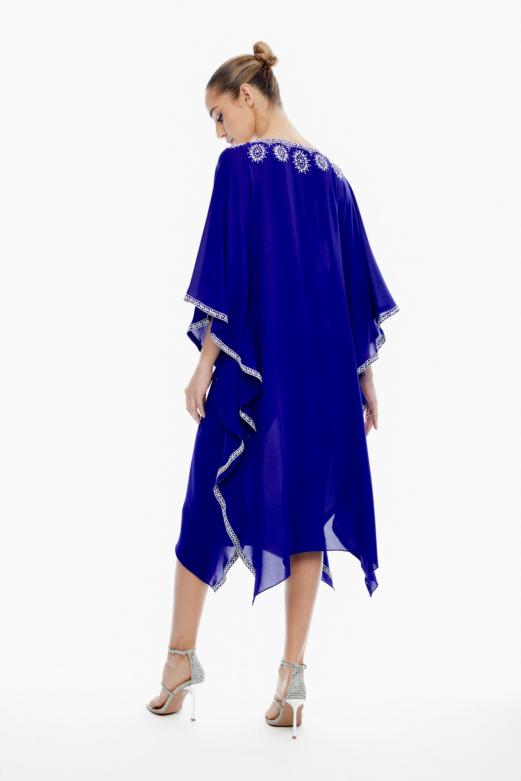 Giselle Silk Embroidered Kaftan in Sapphire