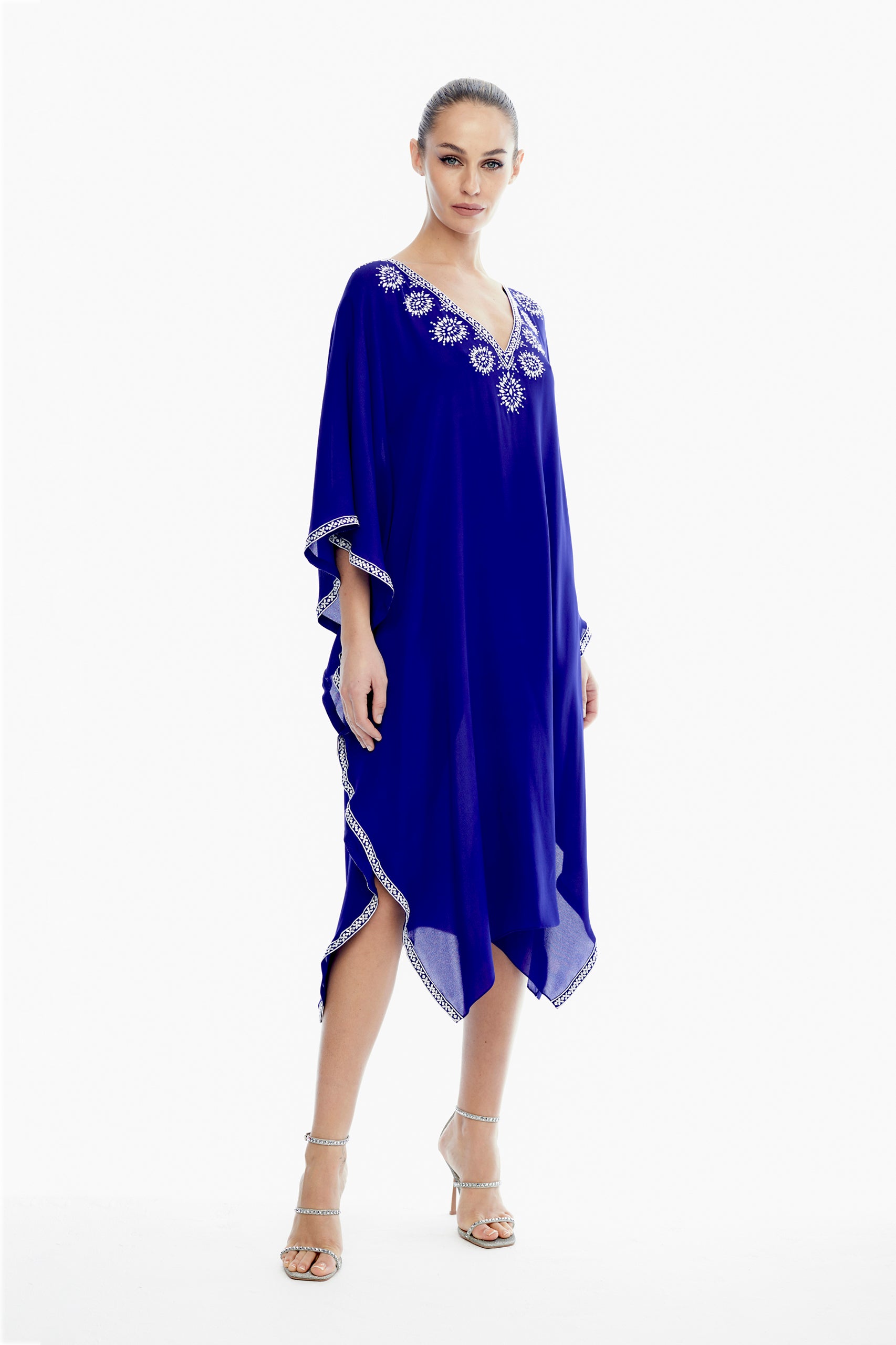 Giselle Silk Embroidered Kaftan in Sapphire