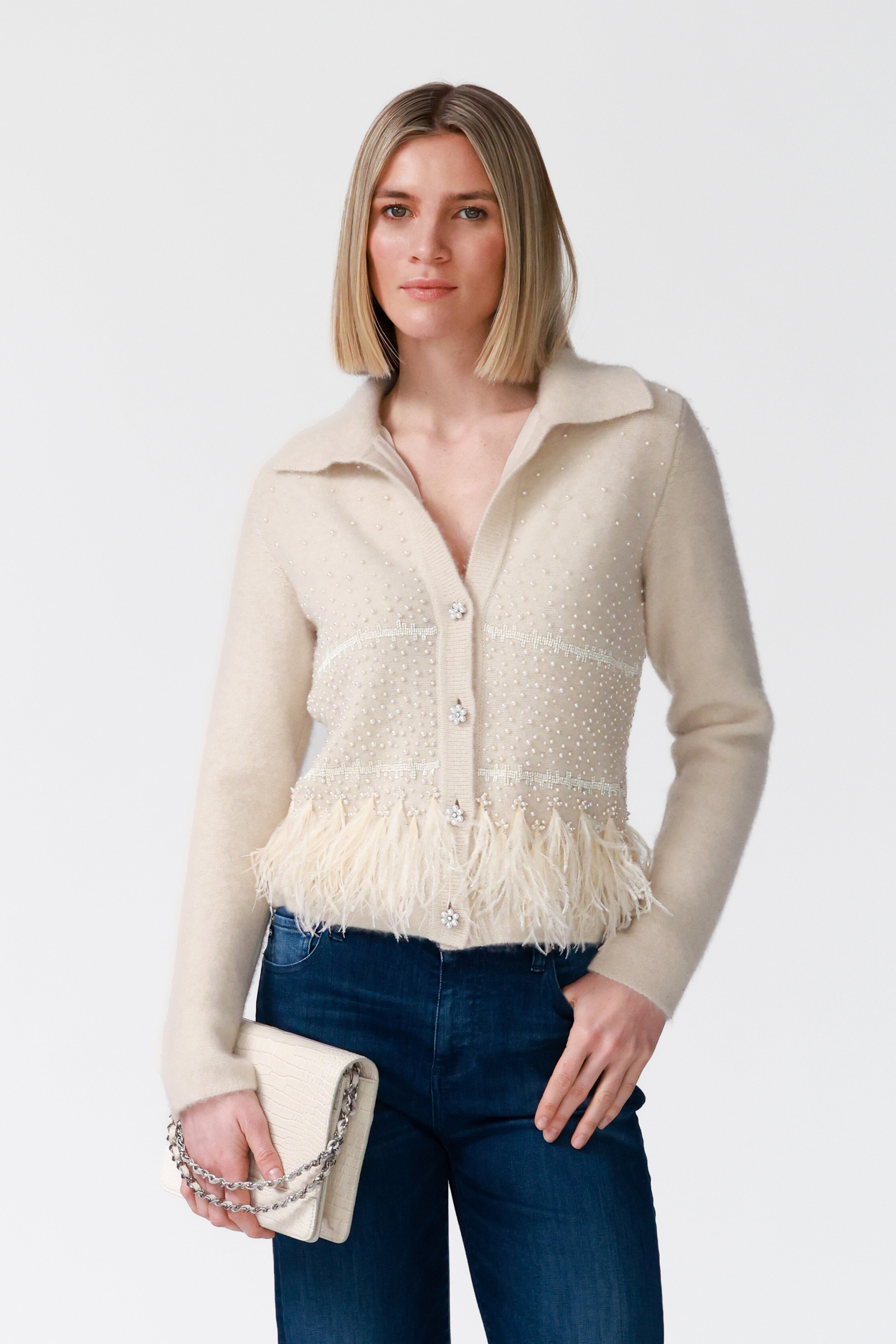 Inez Embellished Cashmere Cardigan in Blonde