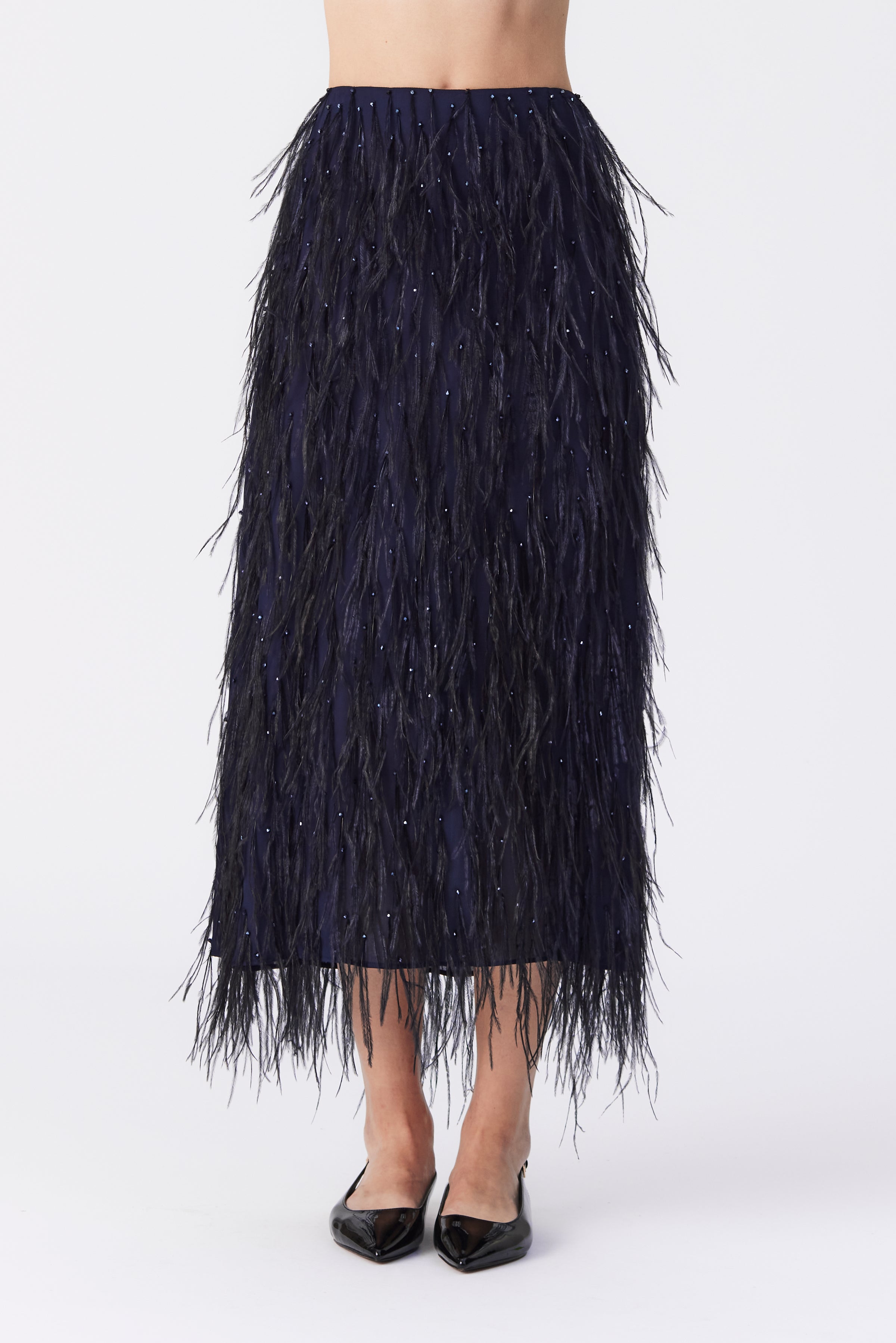 Kamari Embellished Feather Skirt in Navy