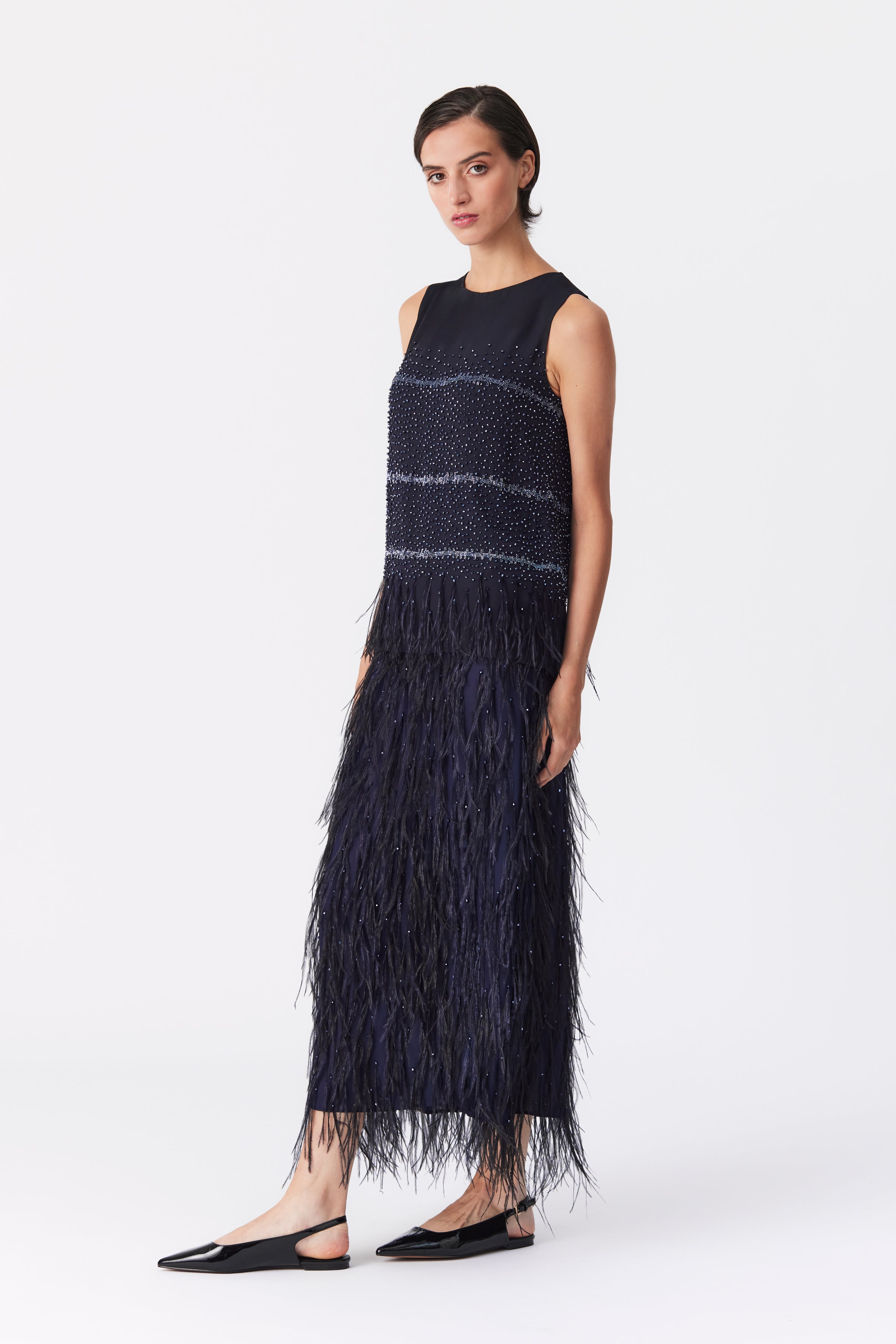 Kamari Embellished Feather Skirt in Navy