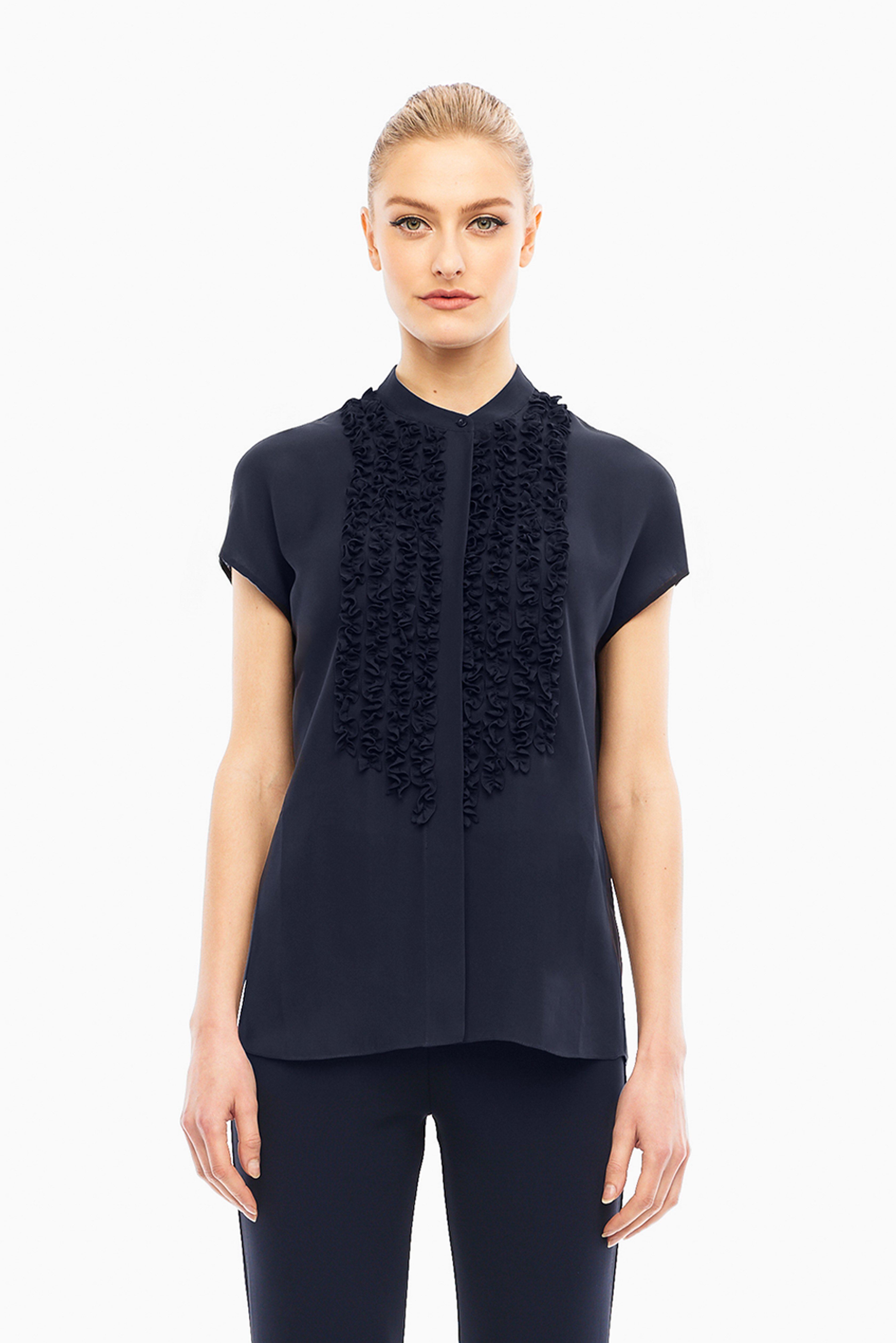 Katya Silk Ruffle Blouse in Navy