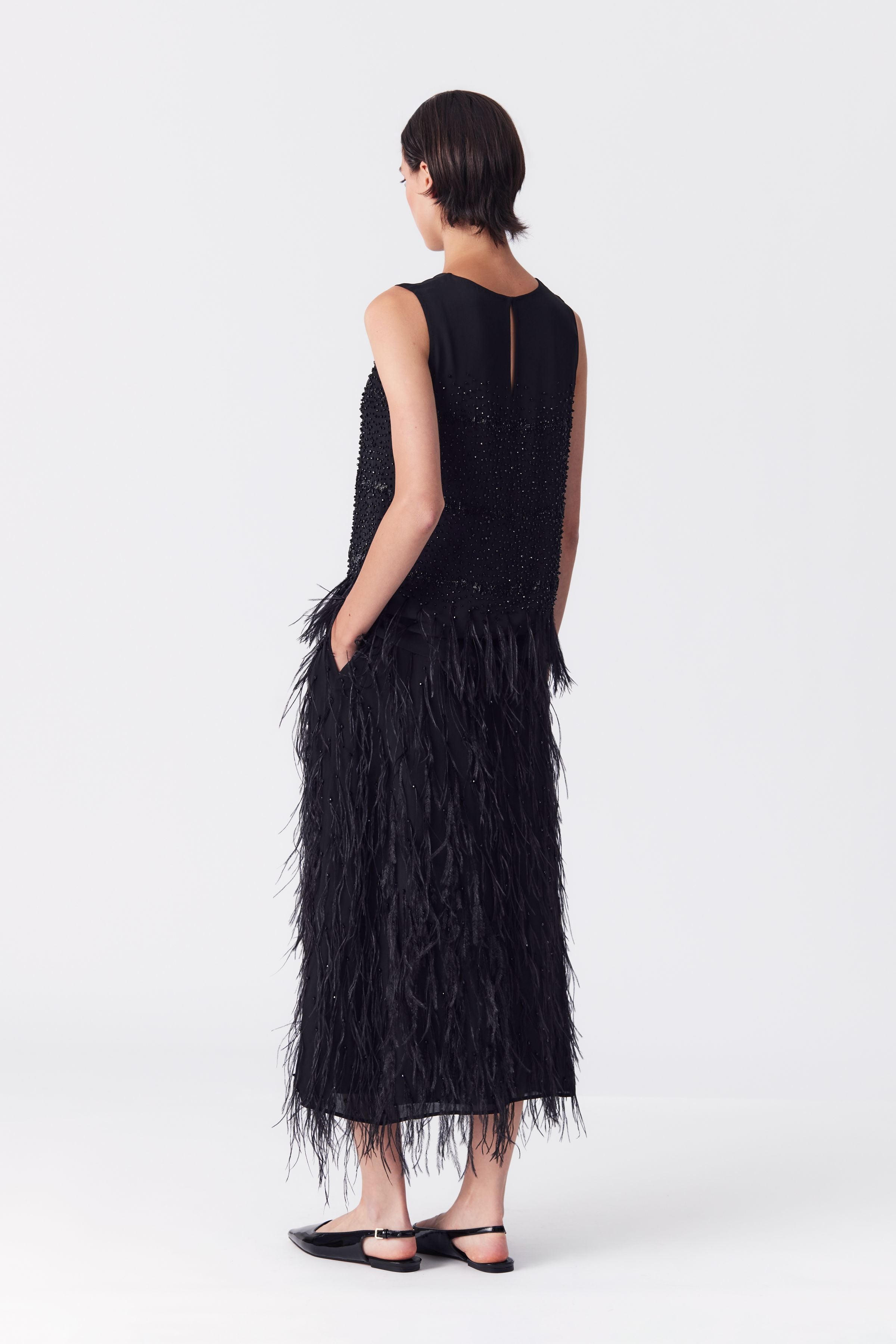 Kamari Embellished Feather Skirt in Black