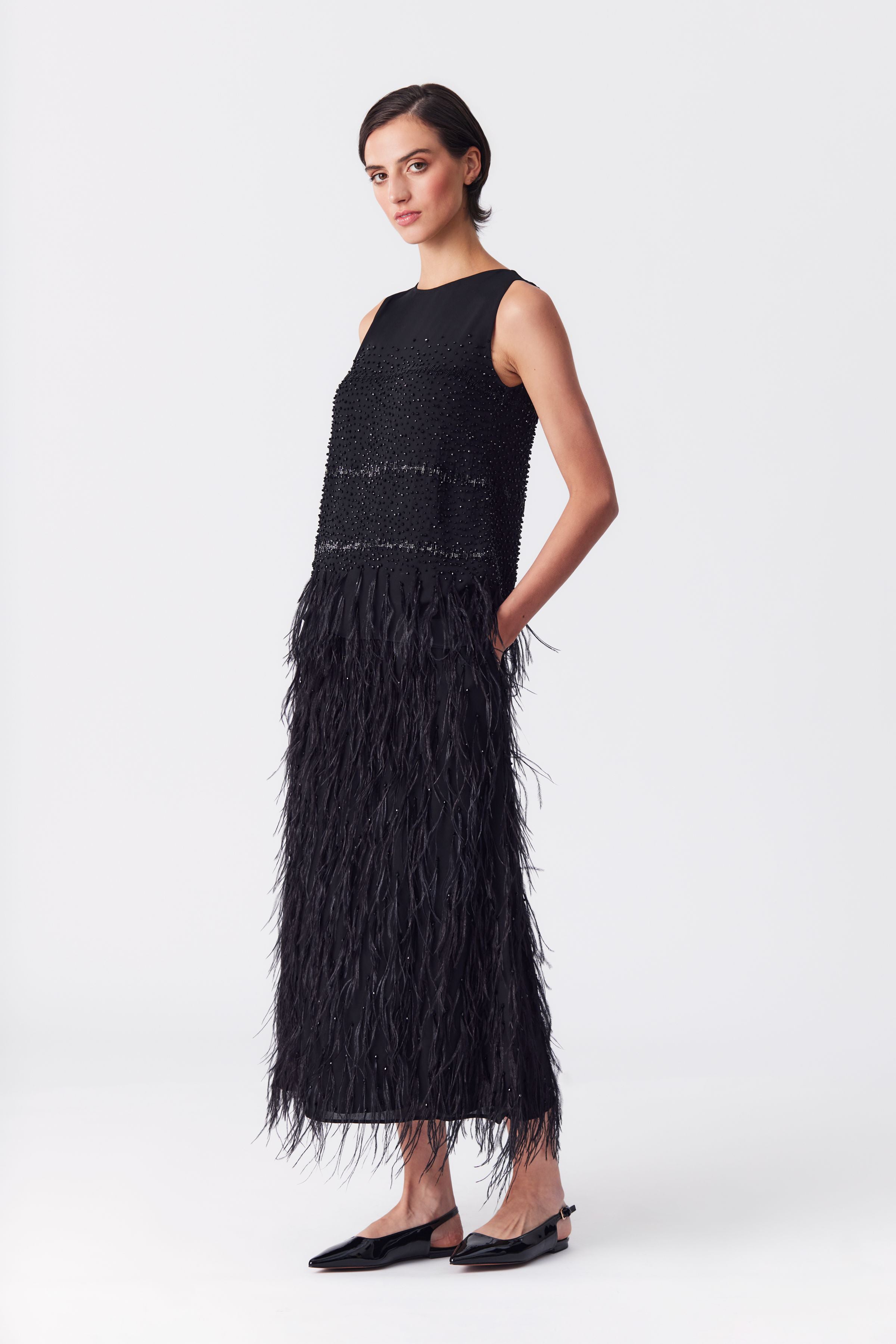 Kamari Embellished Feather Skirt in Black