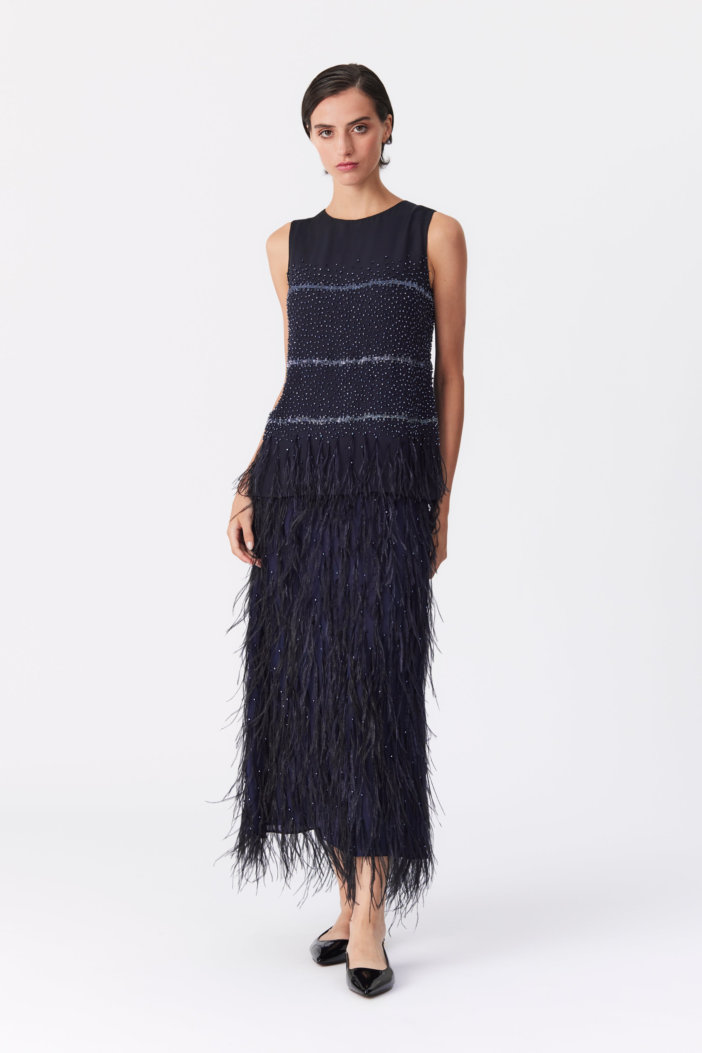 Kamari Embellished Feather Skirt in Navy