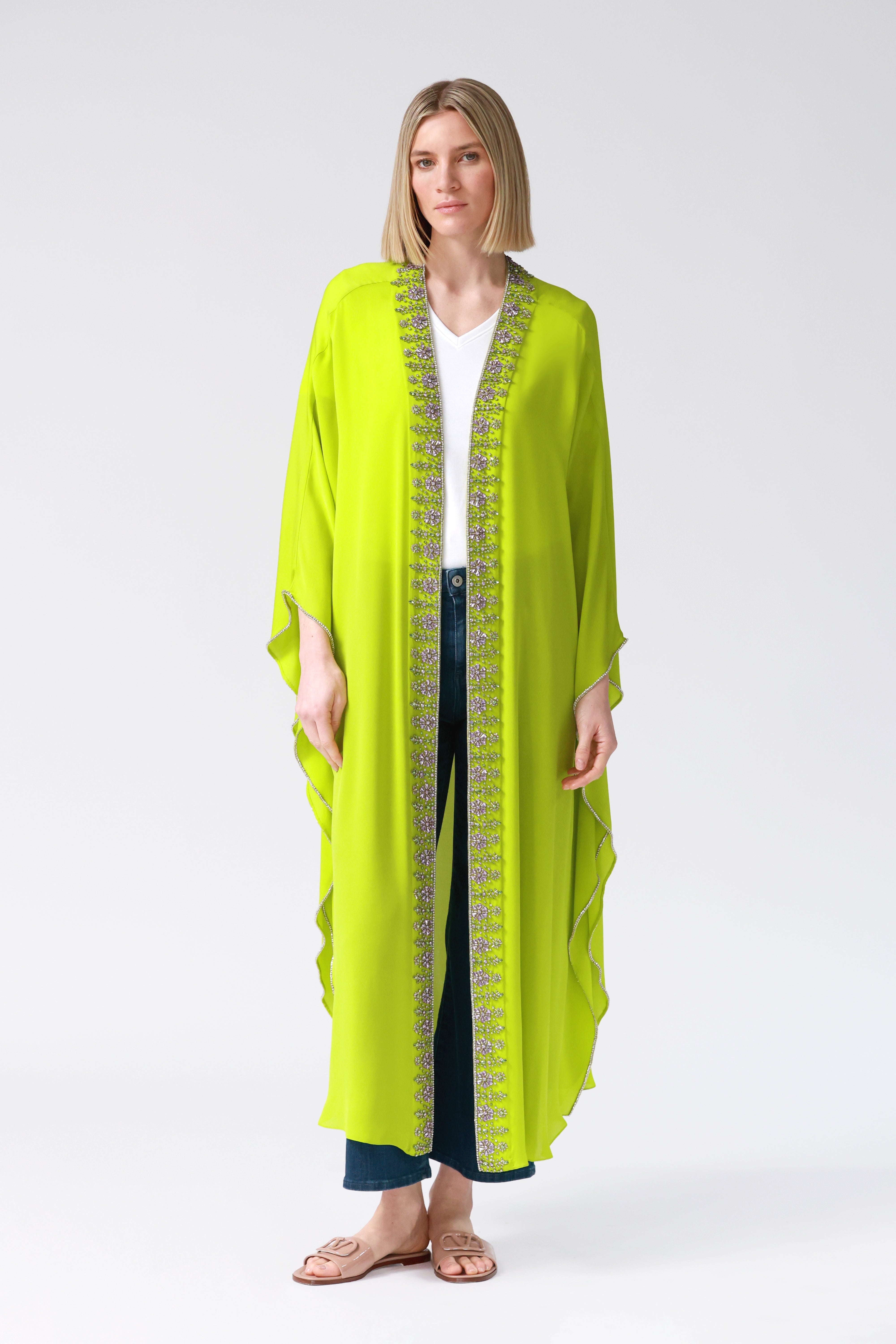 Kimi Embellished Silk Robe in Lime
