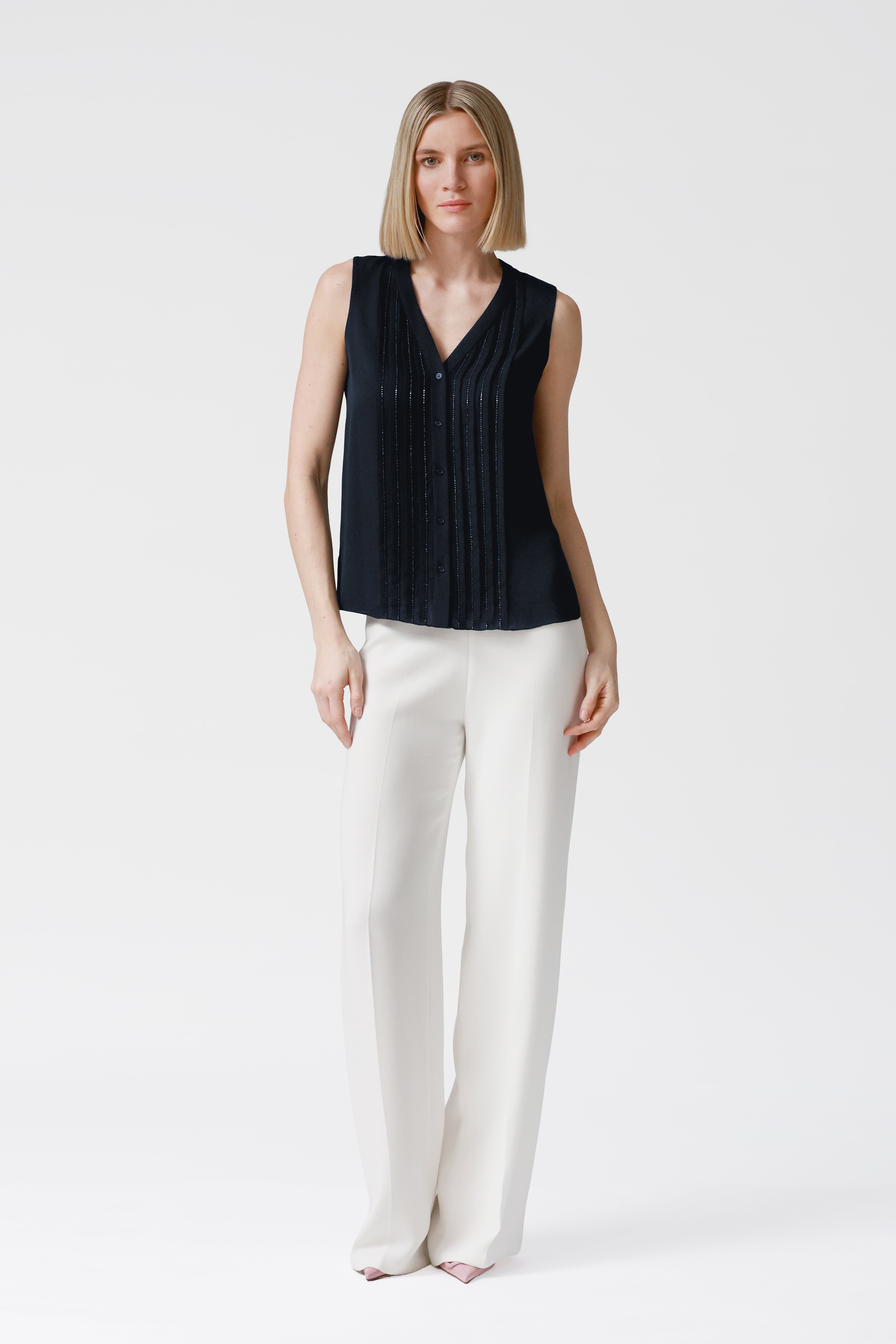 Kitty V-Neck Beaded Silk Top