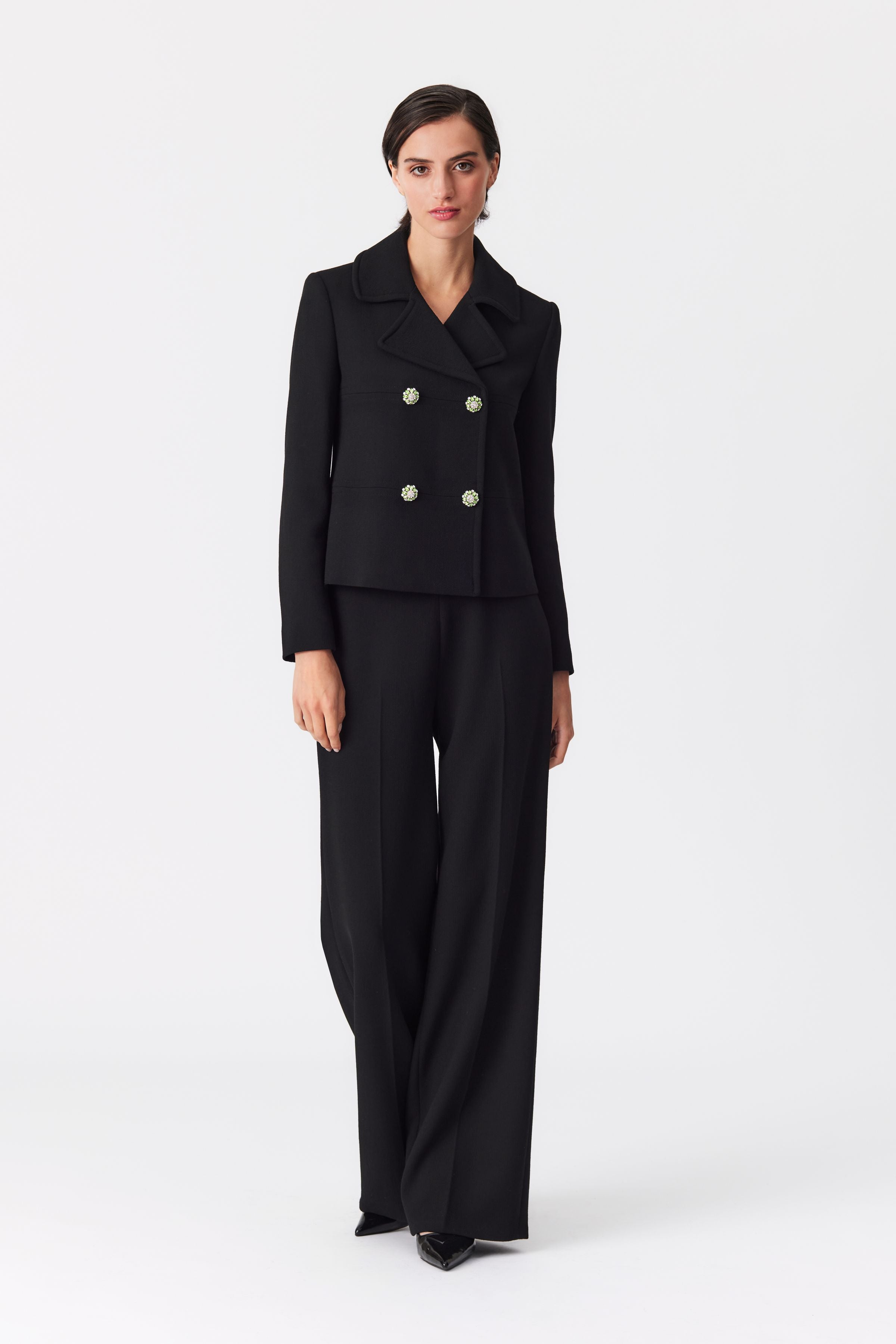 Julie Wool Wide-Leg Trousers in Black