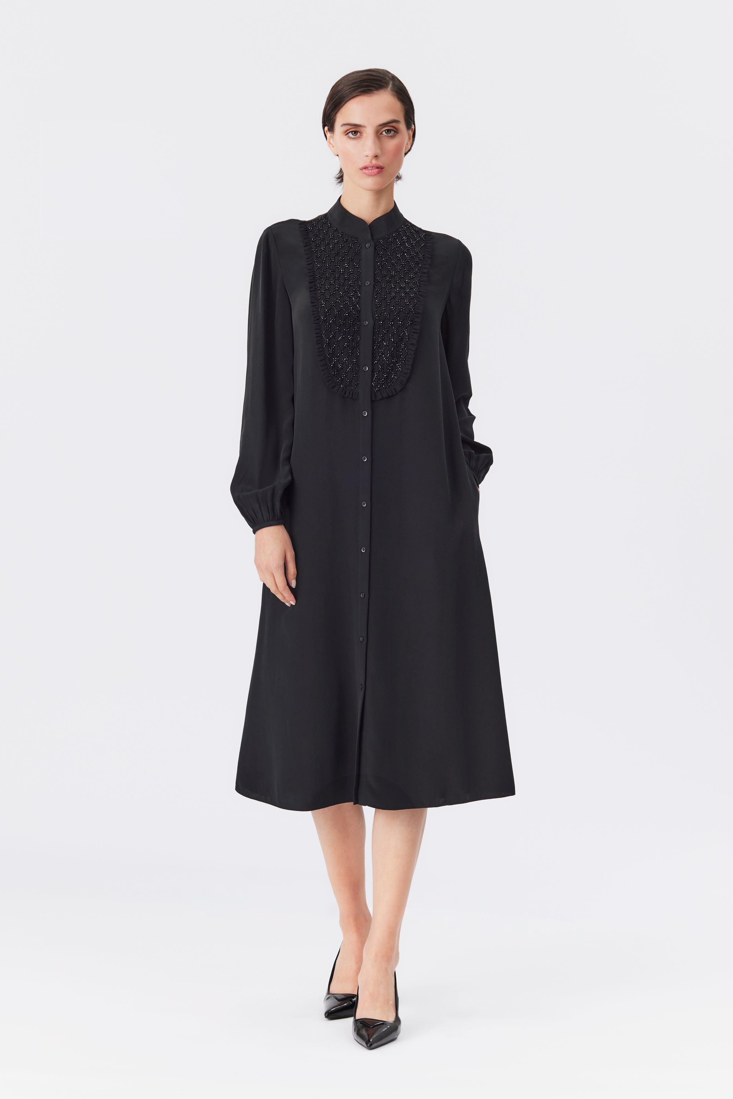 Marina Black Silk Shirt Dress