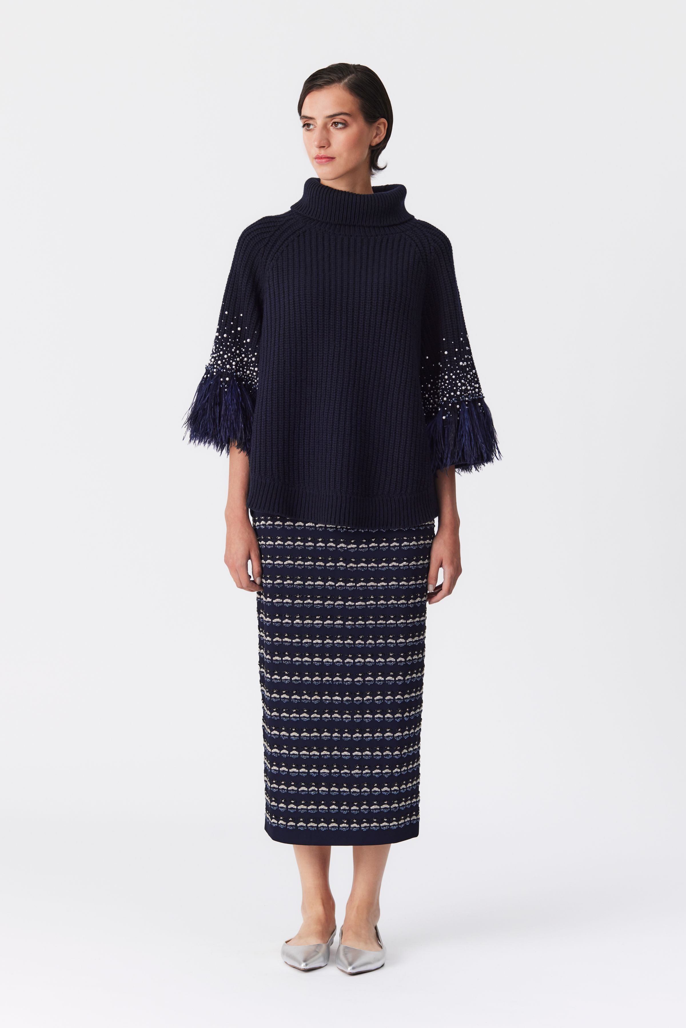 Becki Navy Beaded Pencil Skirt