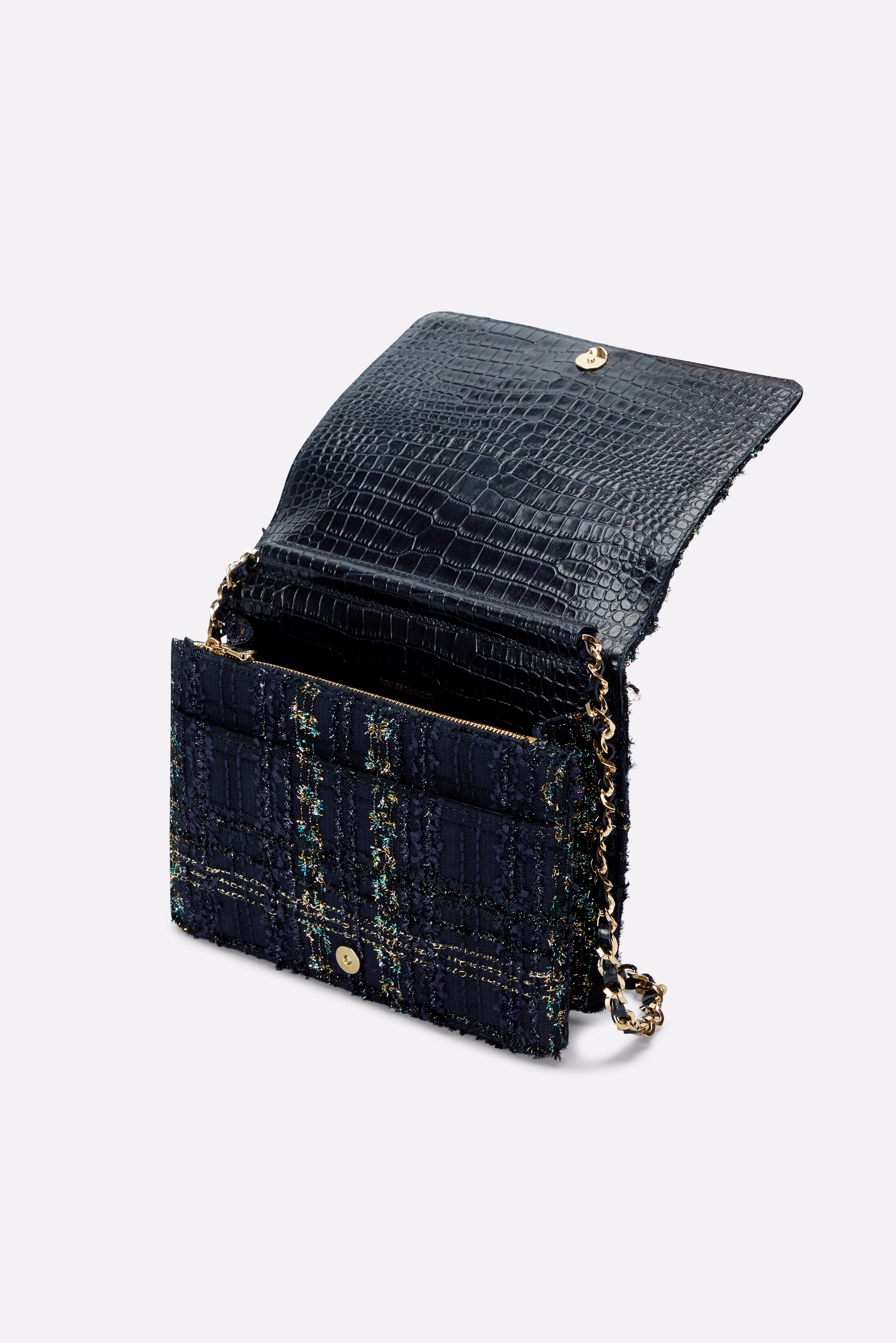 The Louise Crossbody in Navy and Gold Tweed