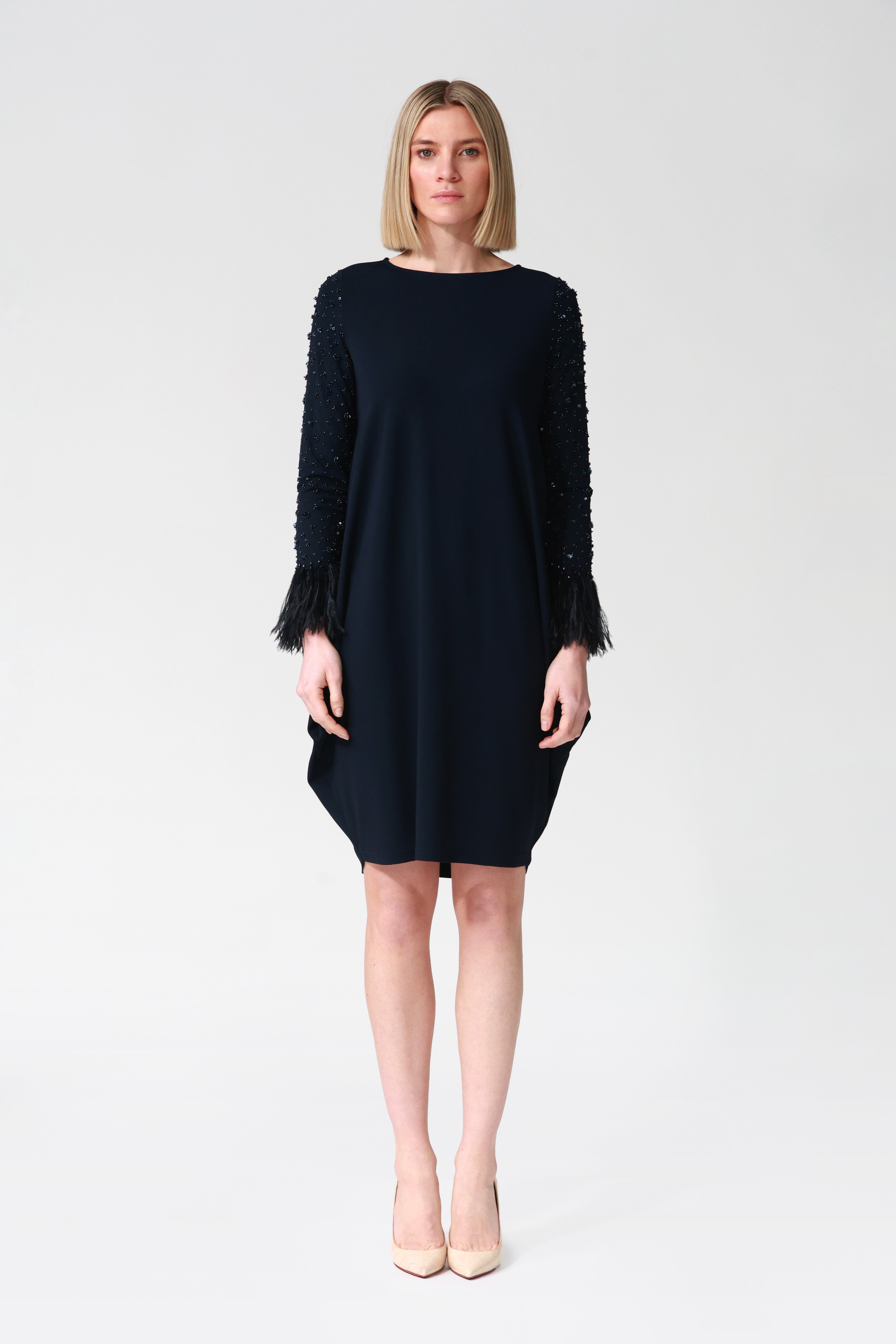 Odette Stretch Jersey Dress with Embellished Sleeves