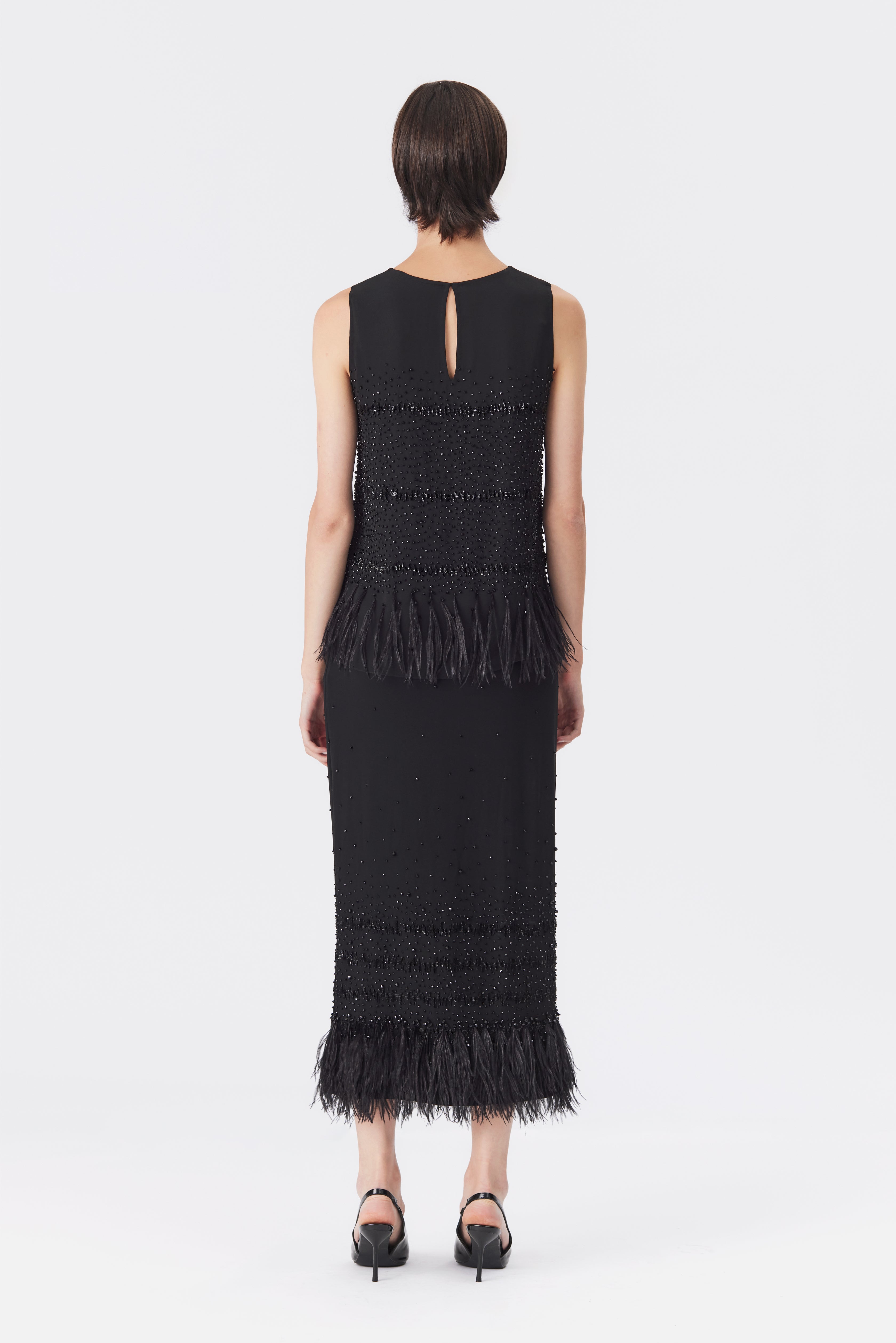Sabine Black Beaded Jersey Skirt with Feather Hem