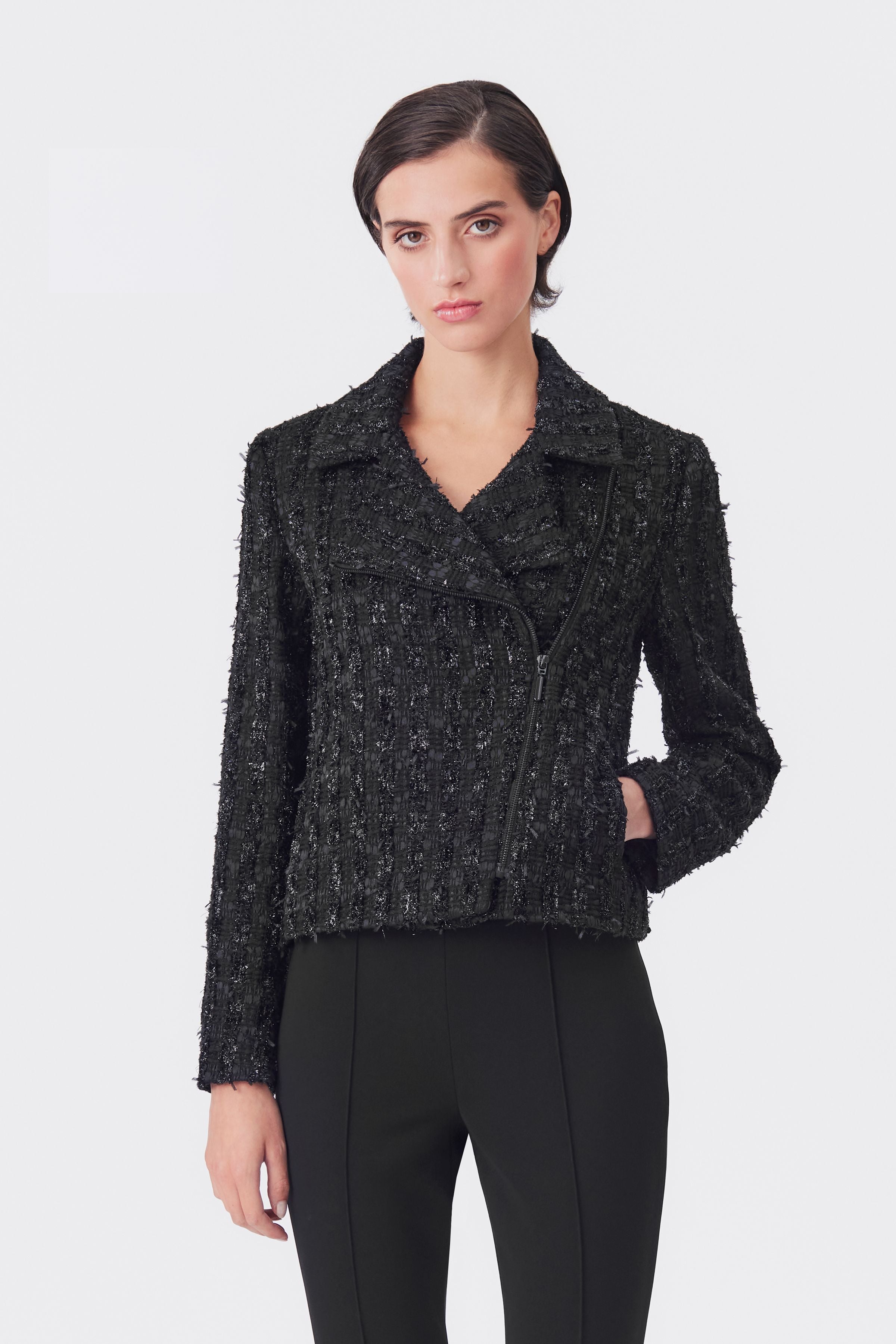 Tess Black Lurex Tweed Biker Jacket