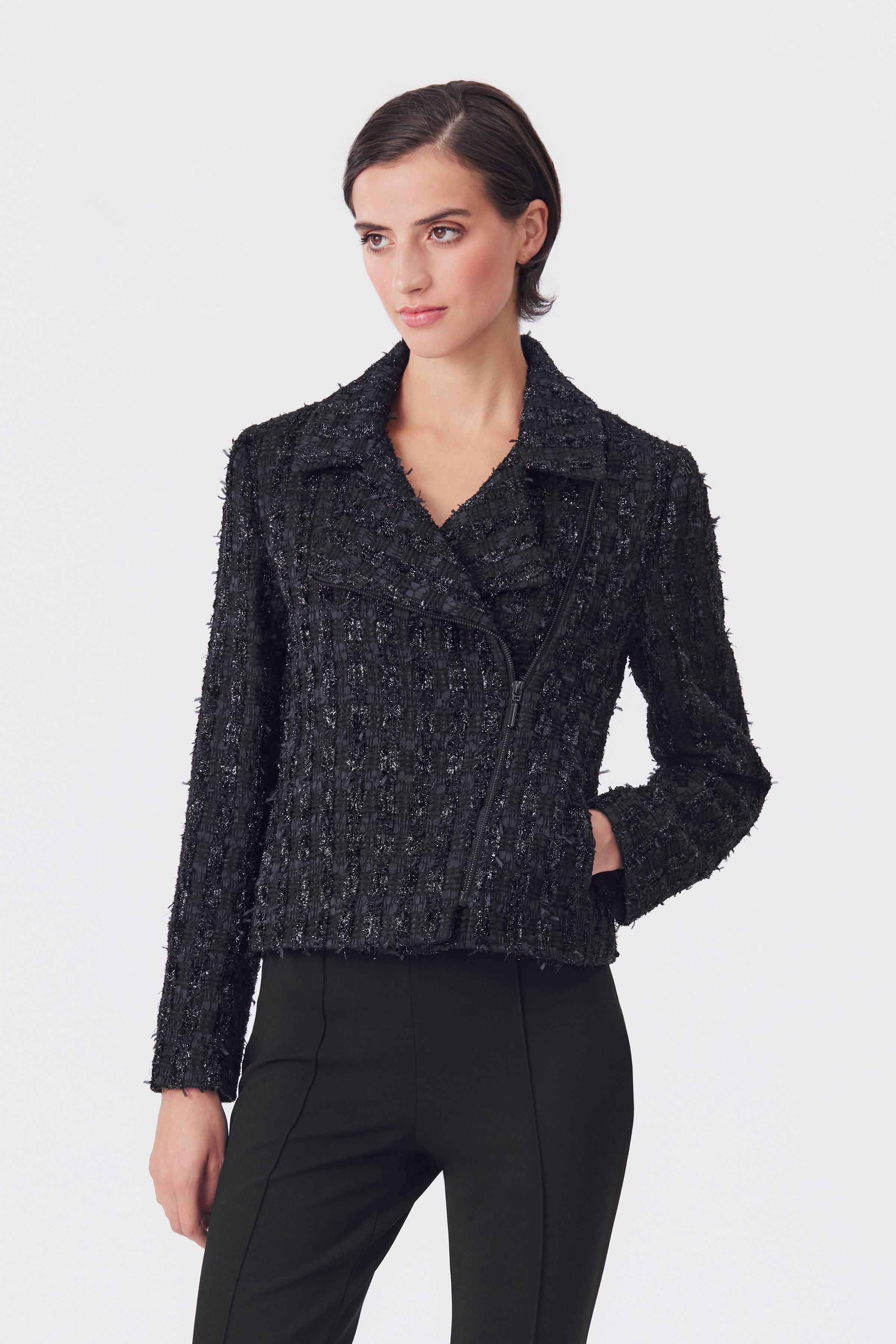 Tess Black Lurex Tweed Biker Jacket